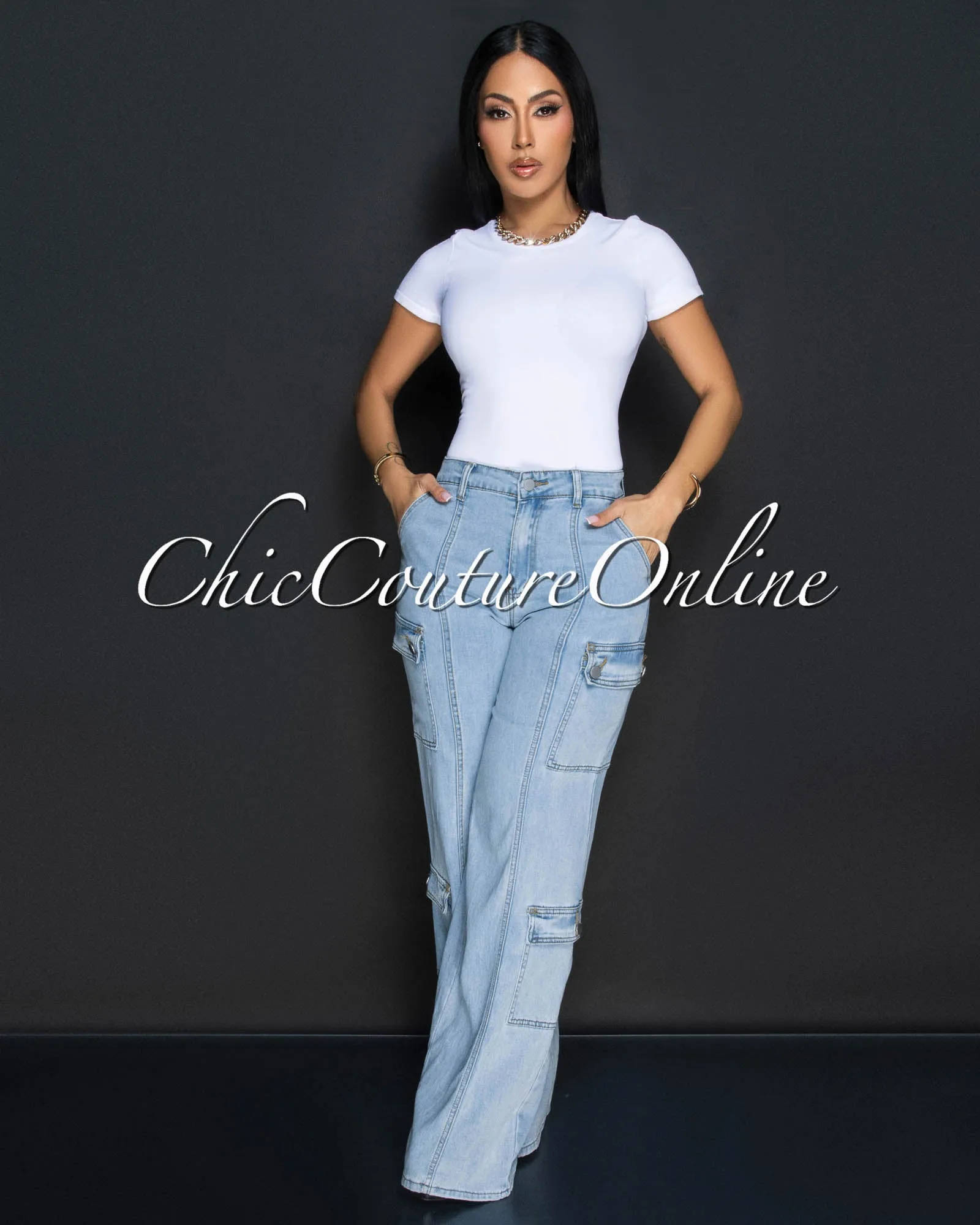 Yanira Light Blue Denim Cargo Wide Legs Jeans sold by Chic Couture product image thumbnail 2