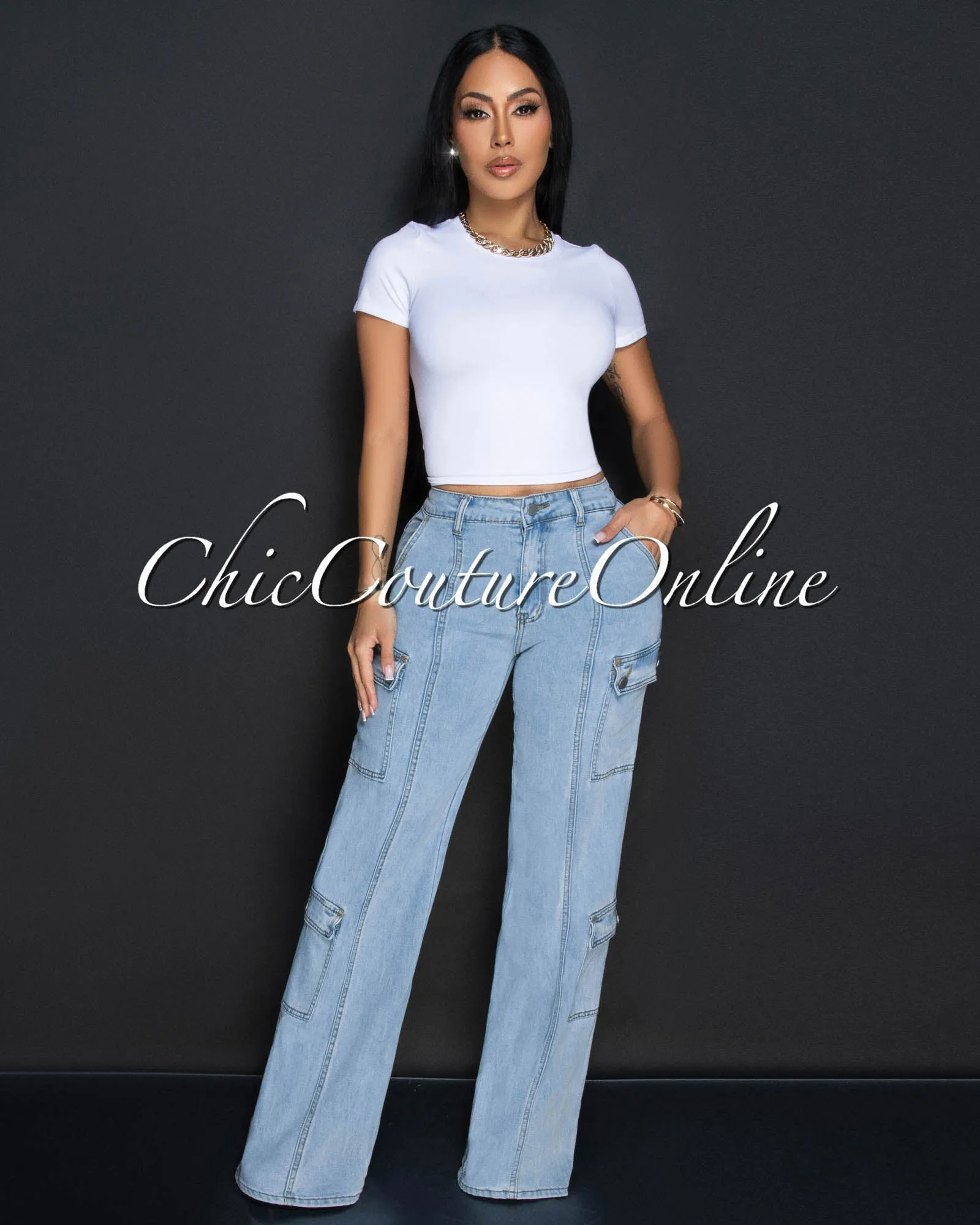 Yanira Light Blue Denim Cargo Wide Legs Jeans sold by Chic Couture