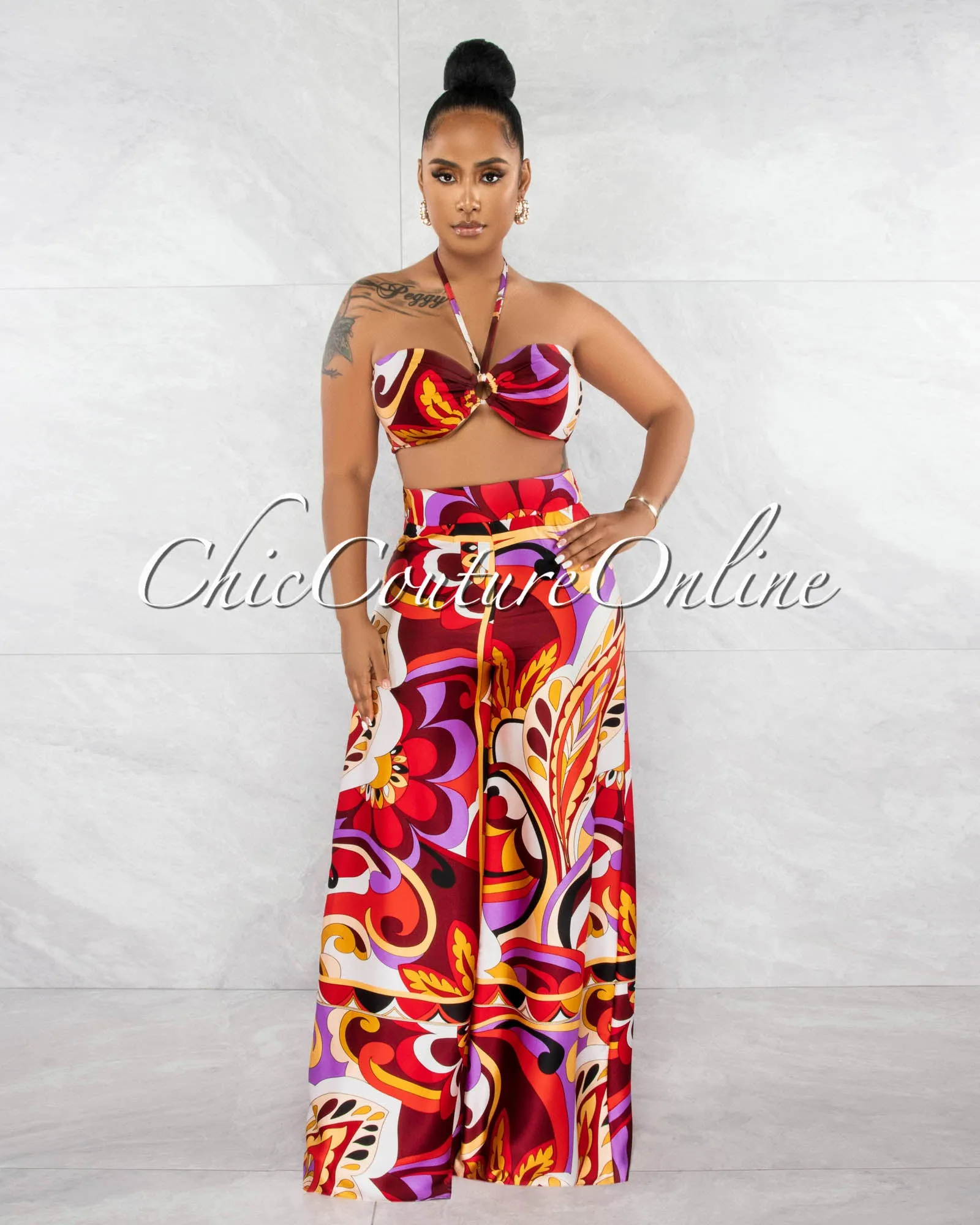 *Kerta Red Multi-Color Print "O" Ring Top & Wide Pants Set sold by Chic Couture