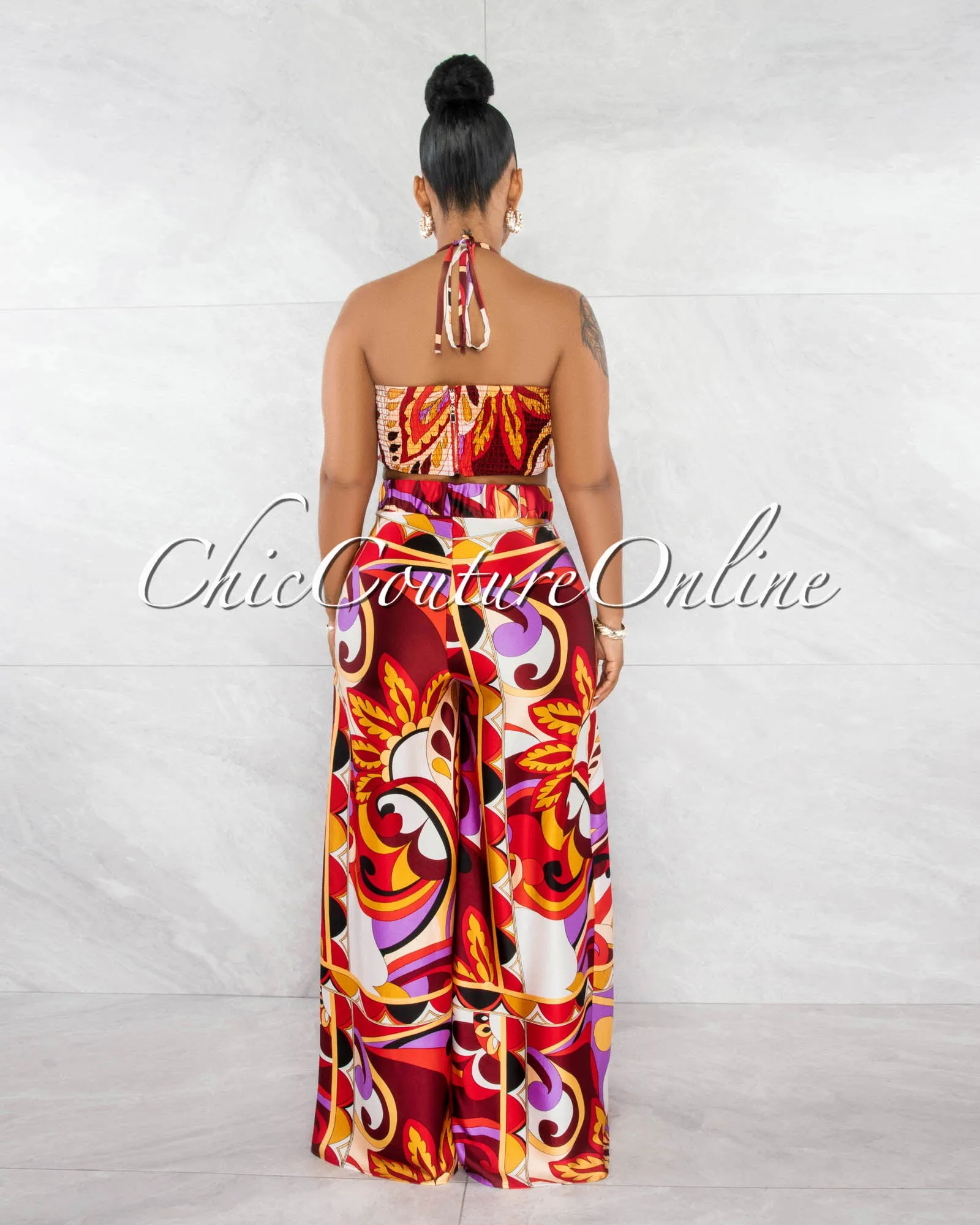 *Kerta Red Multi-Color Print "O" Ring Top & Wide Pants Set sold by Chic Couture product image thumbnail 3