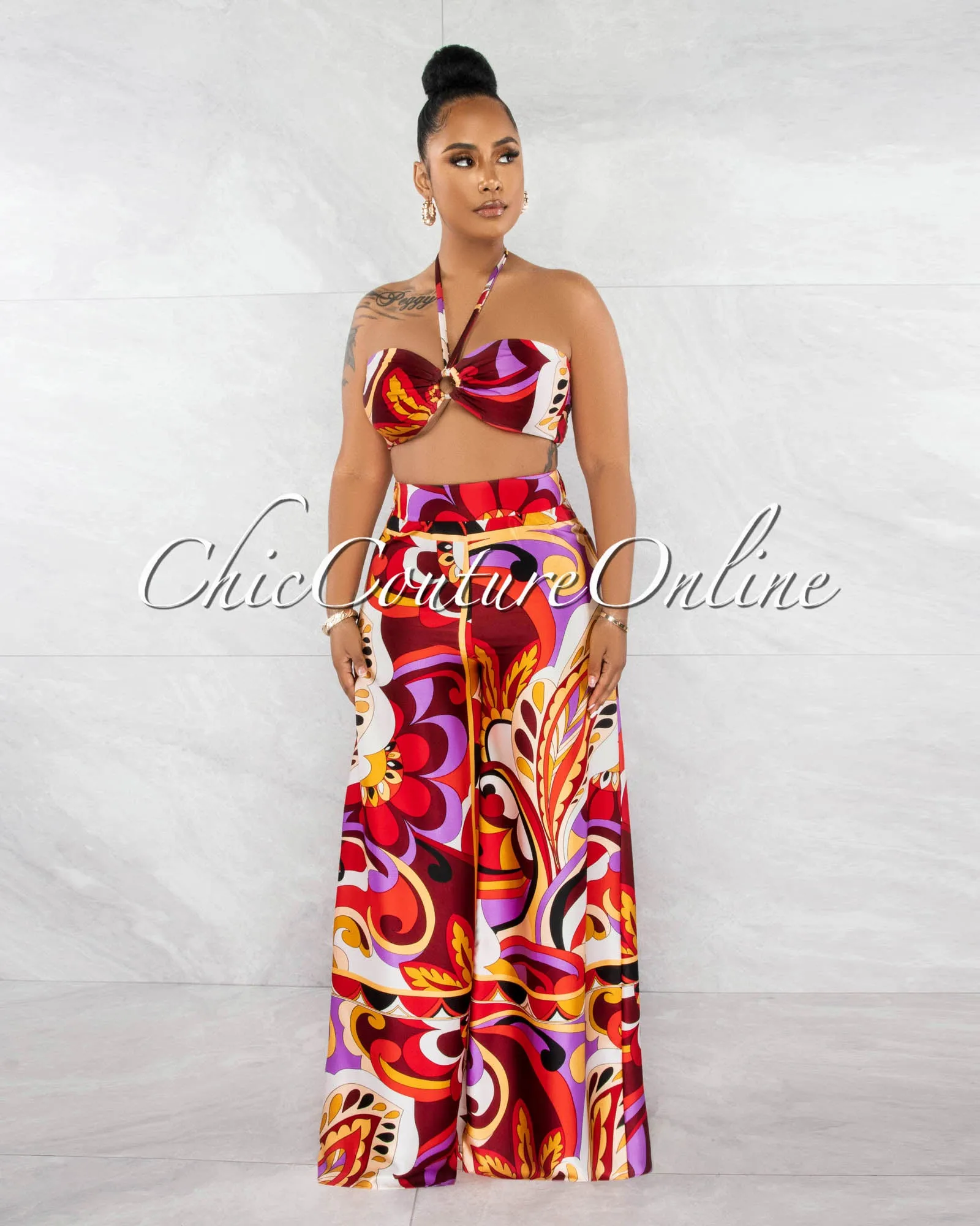 *Kerta Red Multi-Color Print "O" Ring Top & Wide Pants Set sold by Chic Couture product image thumbnail 2