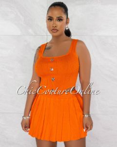 Gidney Orange Gold Buttons Top & Mini Pleated Skirt Knit Set sold by Chic Couture