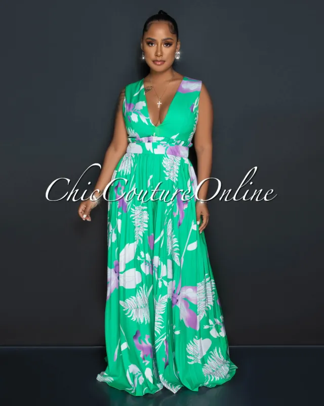 *Prisca Green Lilac Print V-Neck Pleated Jumpsuit sold by Chic Couture