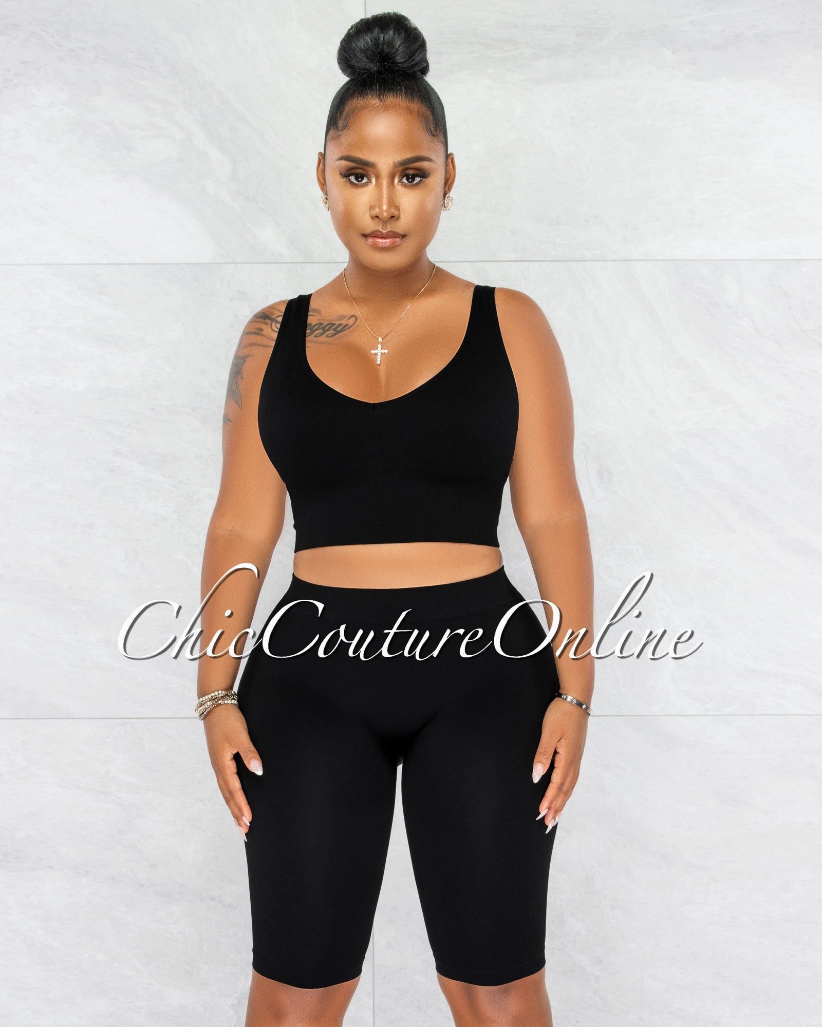 Jaiden Black Ribbed Crop Top & Bike Shorts Set sold by chic