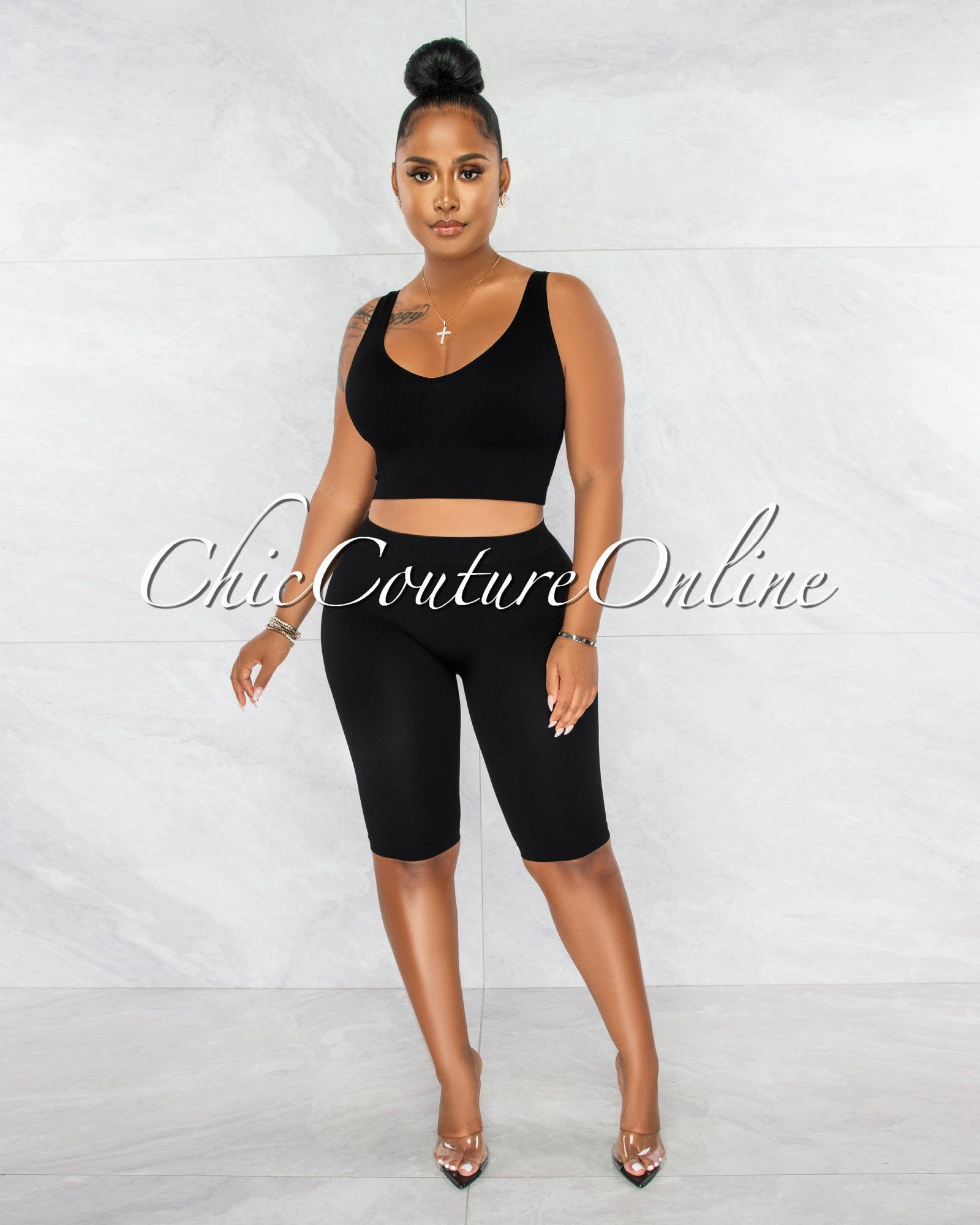 Jaiden Black Ribbed Crop Top & Bike Shorts Set sold by chic product image thumbnail 2