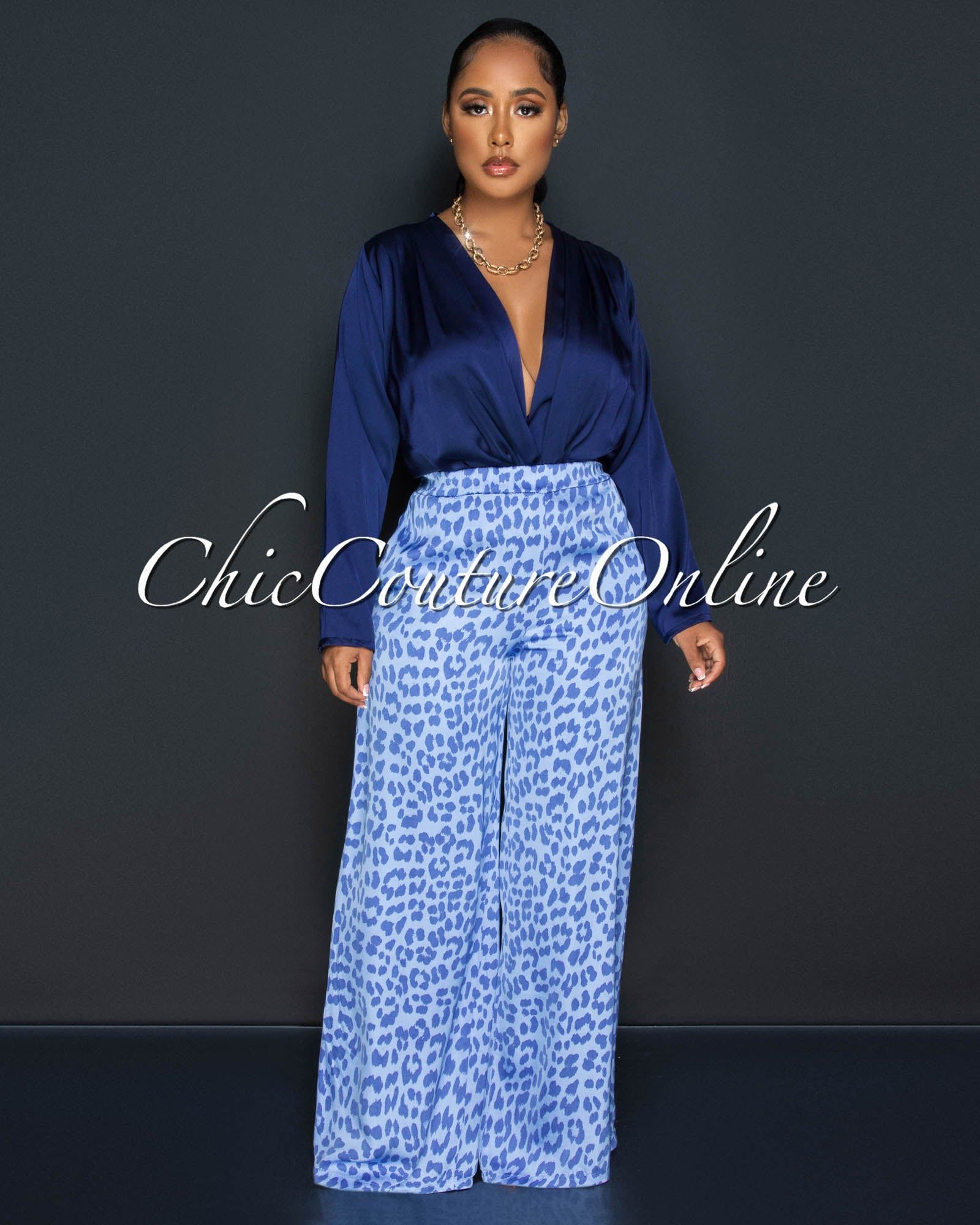 Terria Navy Blue Long Sleeves Draped Silky Bodysuit sold by Chic Couture product image thumbnail 2