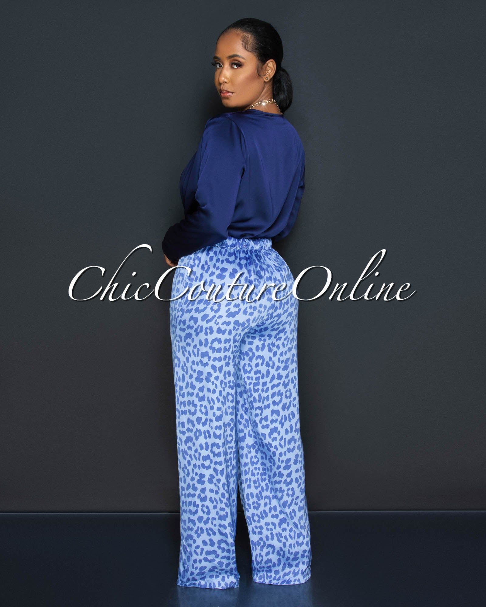 Terria Navy Blue Long Sleeves Draped Silky Bodysuit sold by Chic Couture product image thumbnail 4