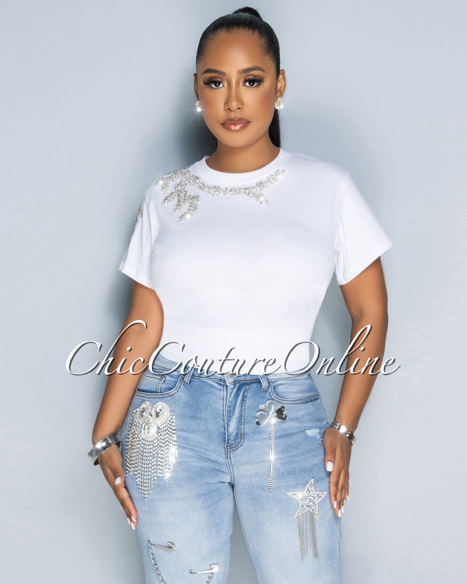 Jannie Off-White Rhinestones Accent T-Shirt sold by Chic Couture