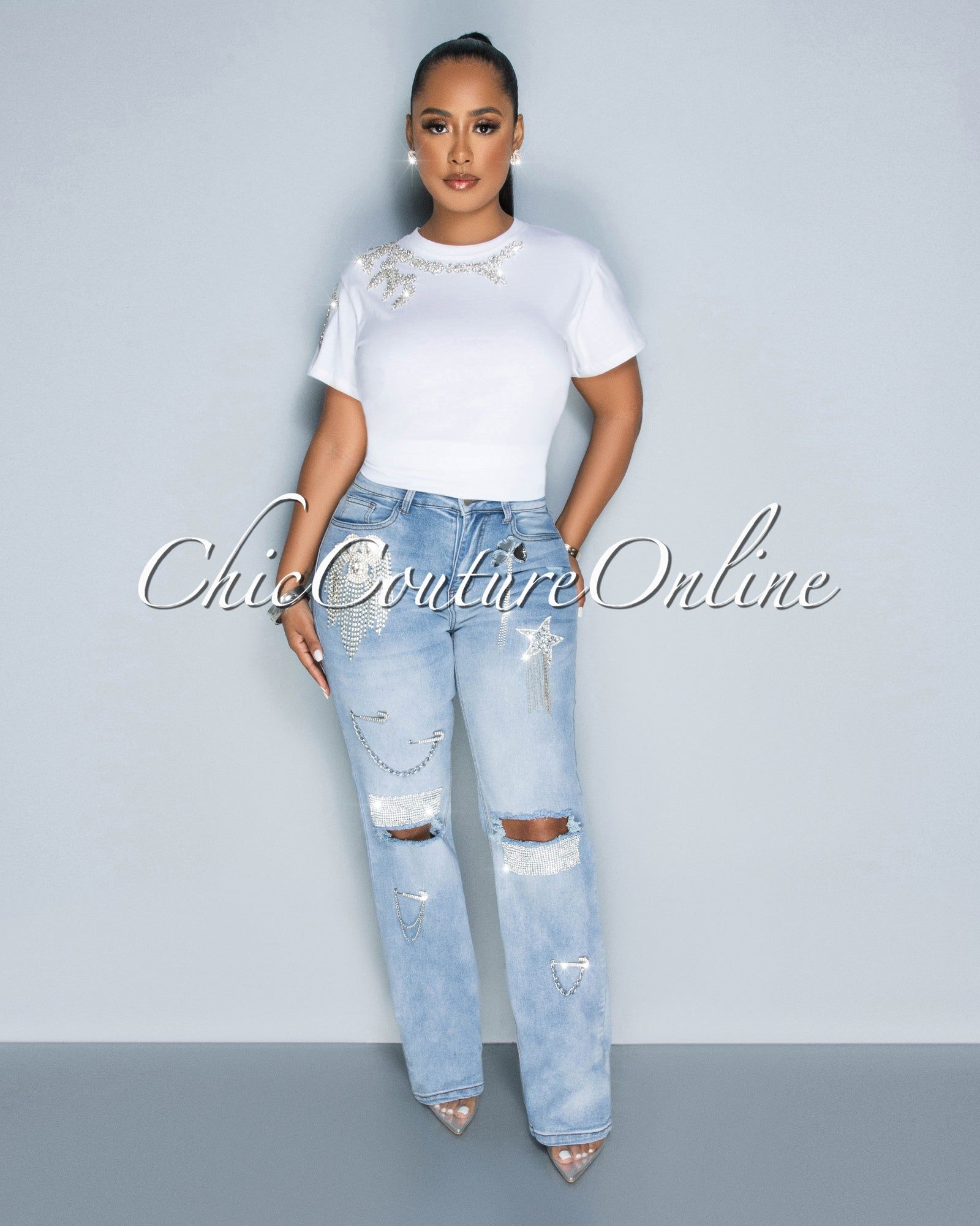 Jannie Off-White Rhinestones Accent T-Shirt sold by Chic Couture product image thumbnail 2