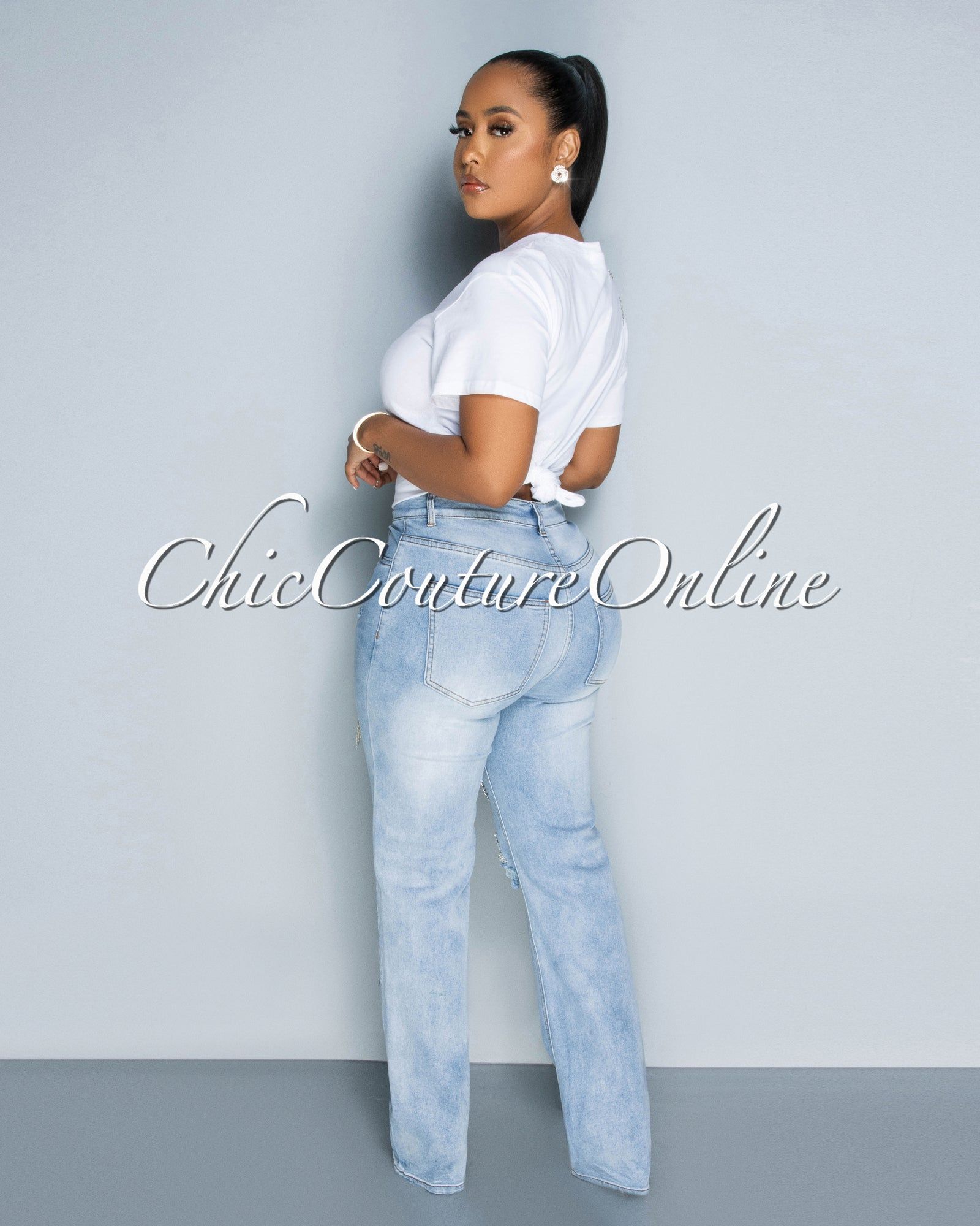Jannie Off-White Rhinestones Accent T-Shirt sold by Chic Couture product image thumbnail 3