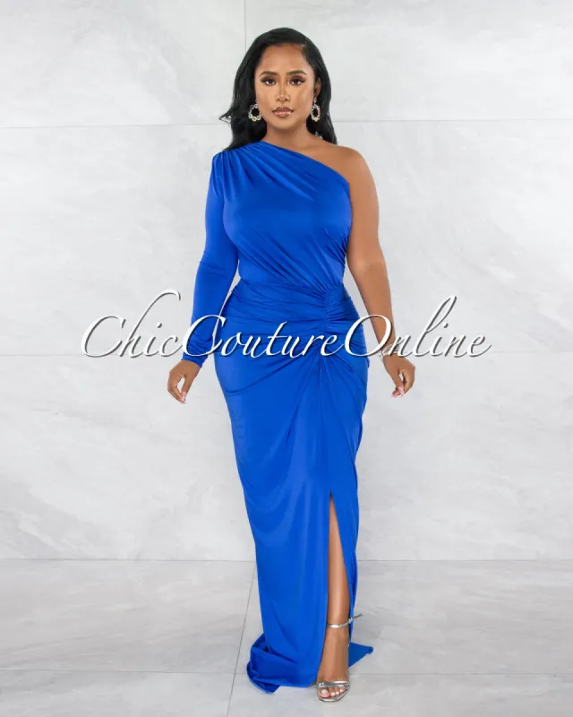 *Kimber Royal Blue Single Shoulder Draped Maxi Dress sold by Chic Couture