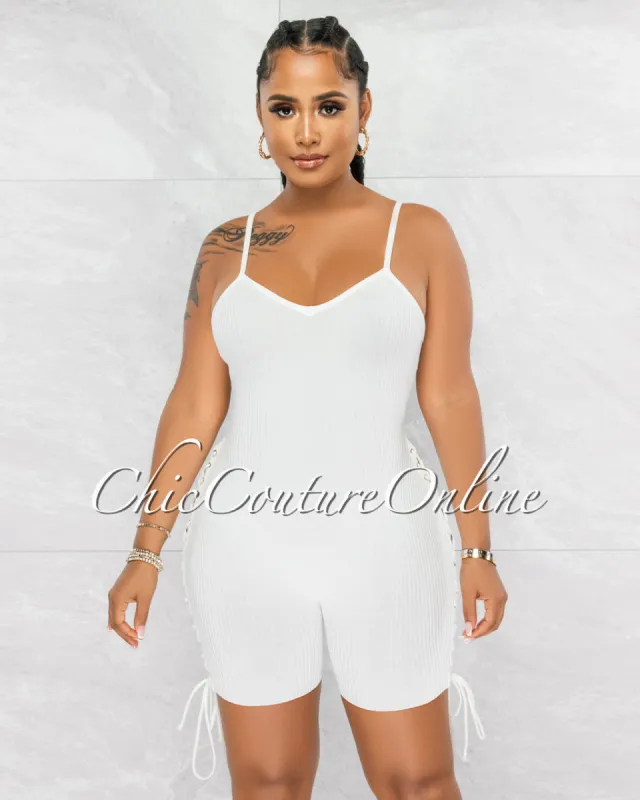 *Larmine Off-White Ribbed Lace-Up Sides Romper sold by Chic Couture