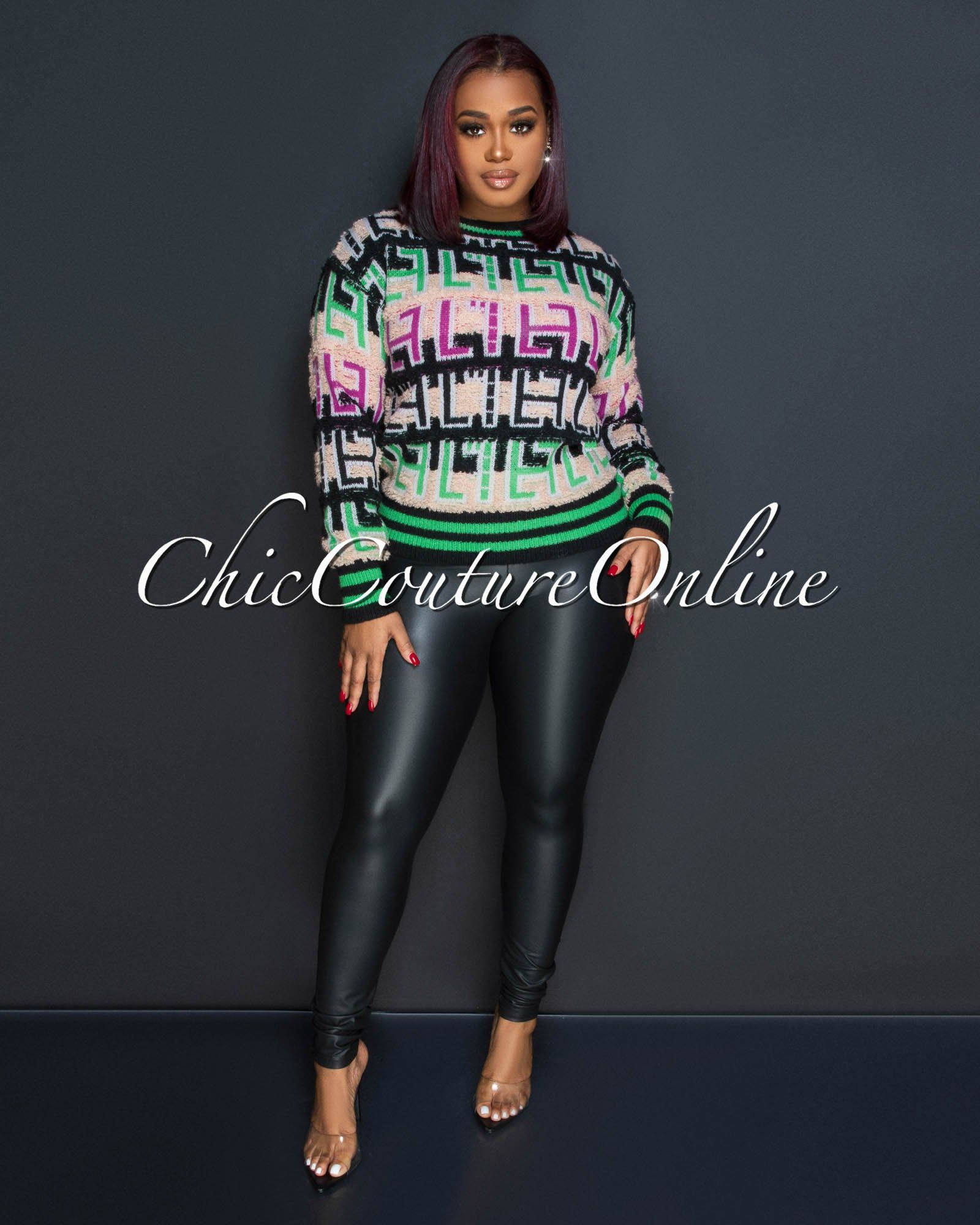 Amari Black Multi-Color Print Knit Sweater sold by Chic Couture
