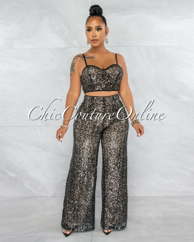 *Tanith Black Sequins Nude Illusion Fishnet Top & Set sold by Chic Couture