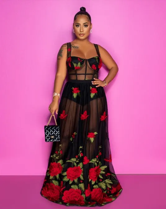 Peronie Black Red Roses Embroidery Mesh Maxi Dress | Parallel