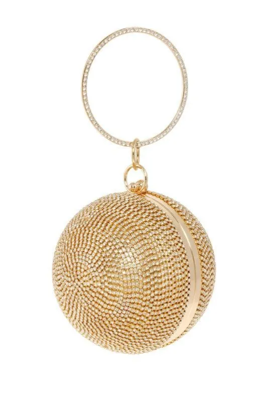 Disco Gold Pavé Round Rhinestone Clutch Bag sold by Chic Couture