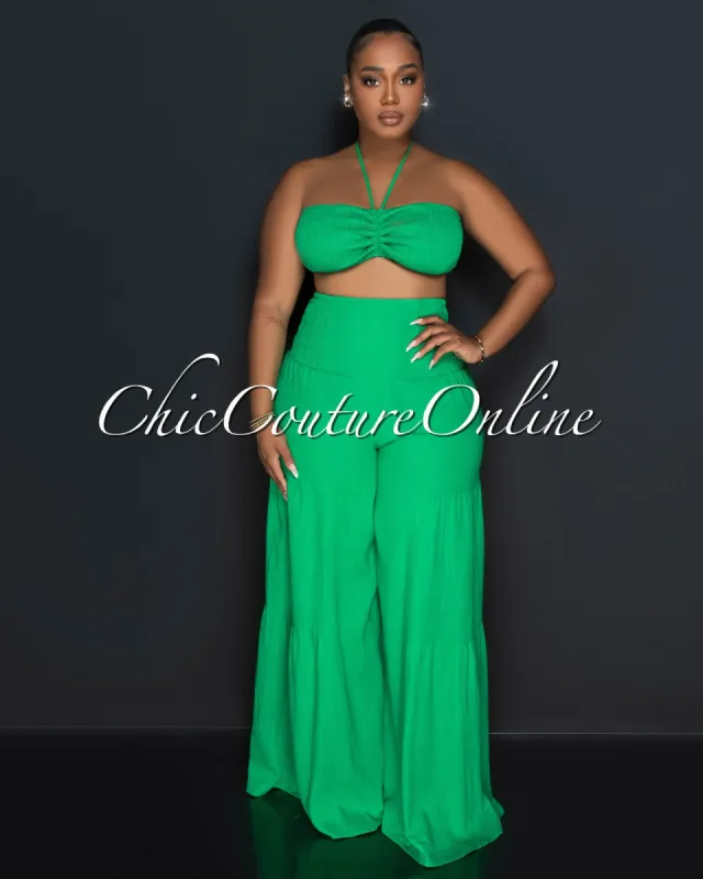 Lula Green Halter Smocked Crop Top & Linen Wide Pants Set sold by Chic Couture