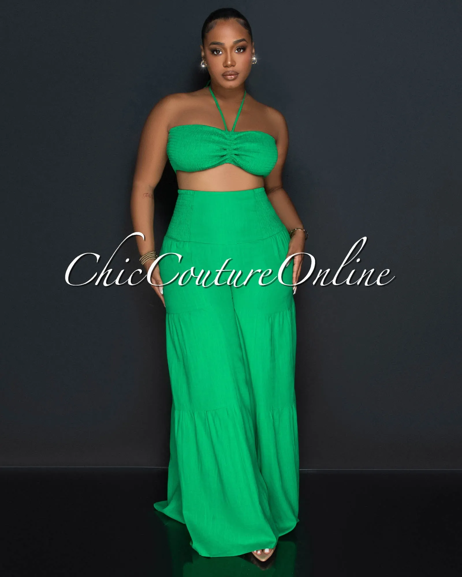 *Lula Green Halter Smocked Crop Top & Linen Wide Pants Set sold by Chic Couture product image thumbnail 2