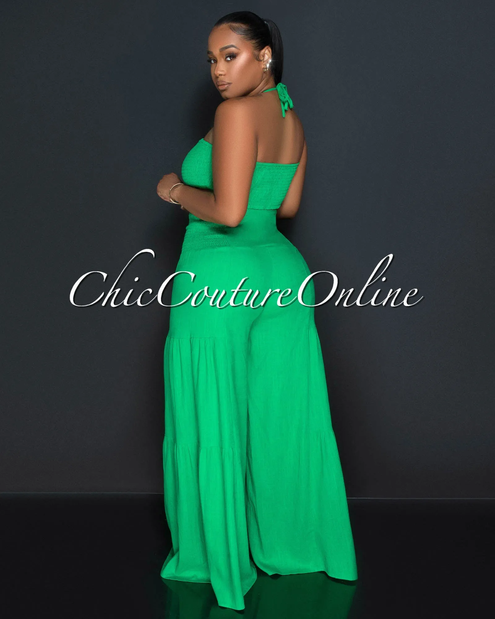 *Lula Green Halter Smocked Crop Top & Linen Wide Pants Set sold by Chic Couture product image thumbnail 3