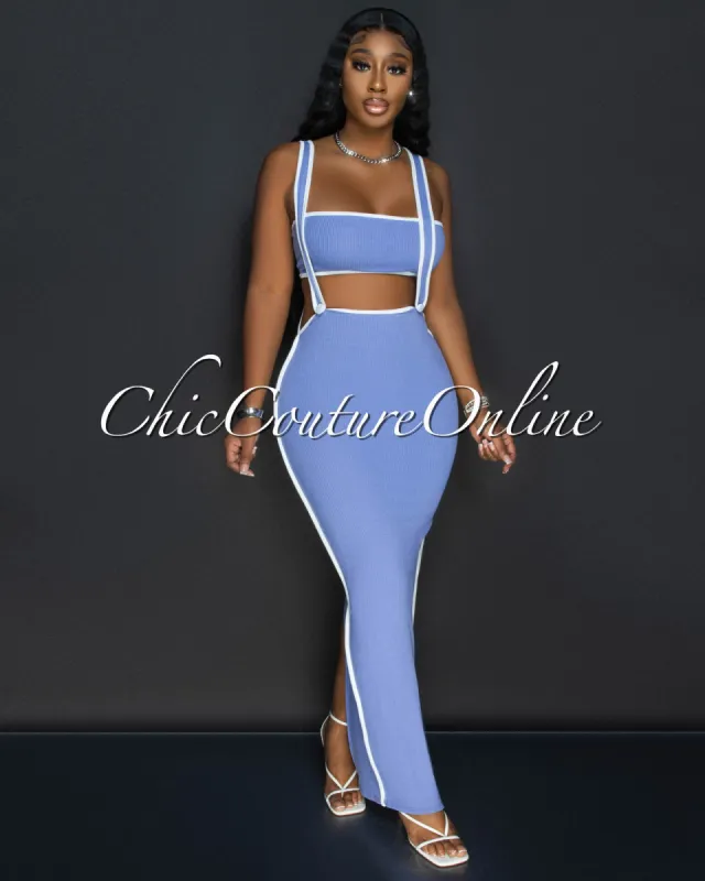 Ola Blue White Tube Crop Top & Overall Skirt Set sold by Chic Couture
