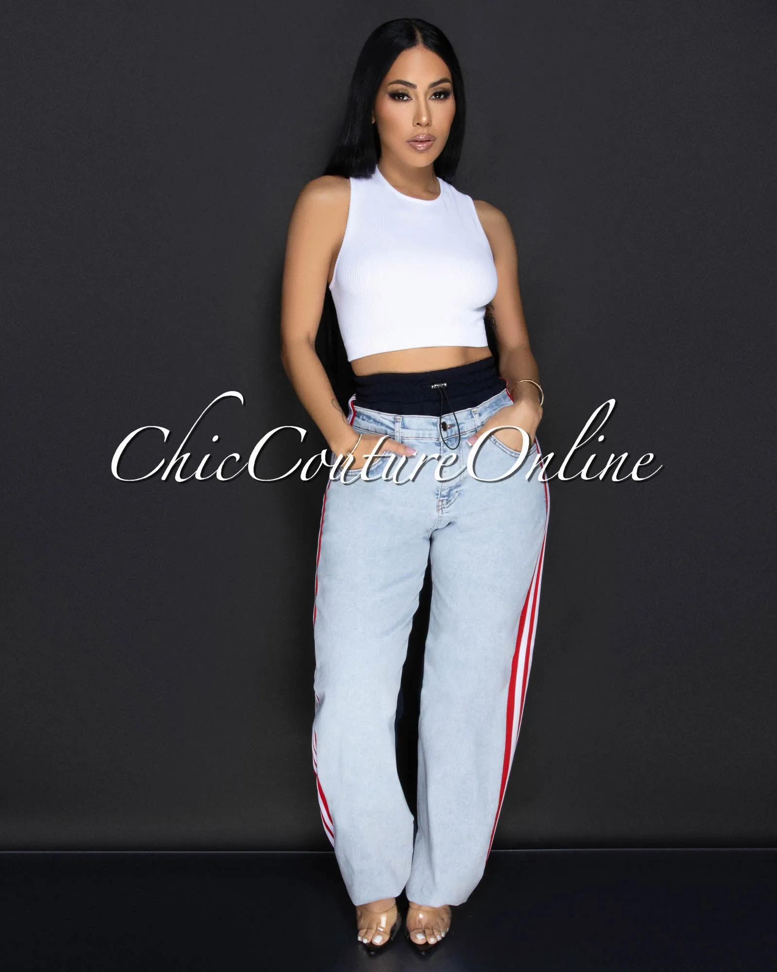 Pearson Medium Denim Red Stripes Joggers Jeans sold by Chic Couture product image thumbnail 4