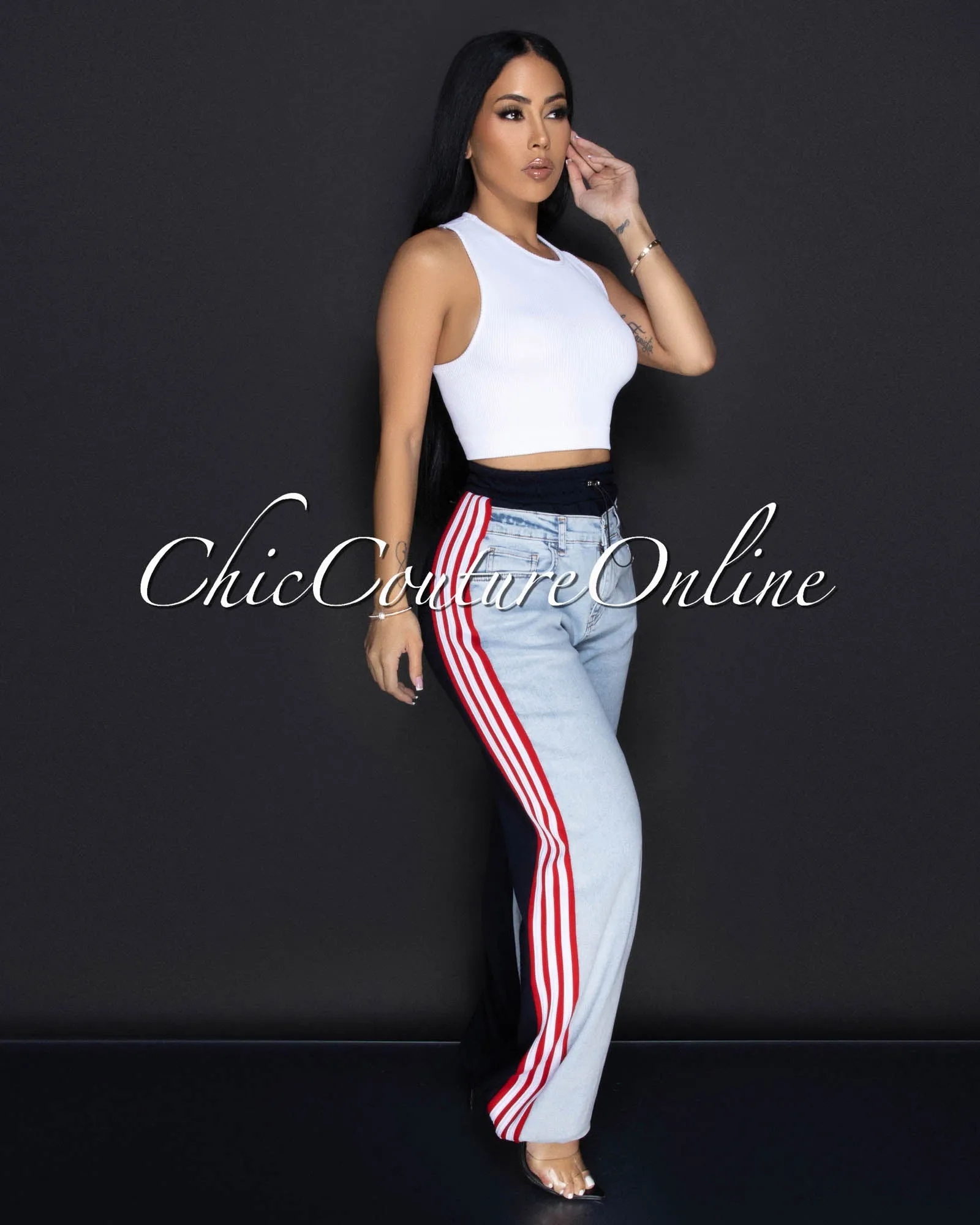 Pearson Medium Denim Red Stripes Joggers Jeans sold by Chic Couture product image thumbnail 2