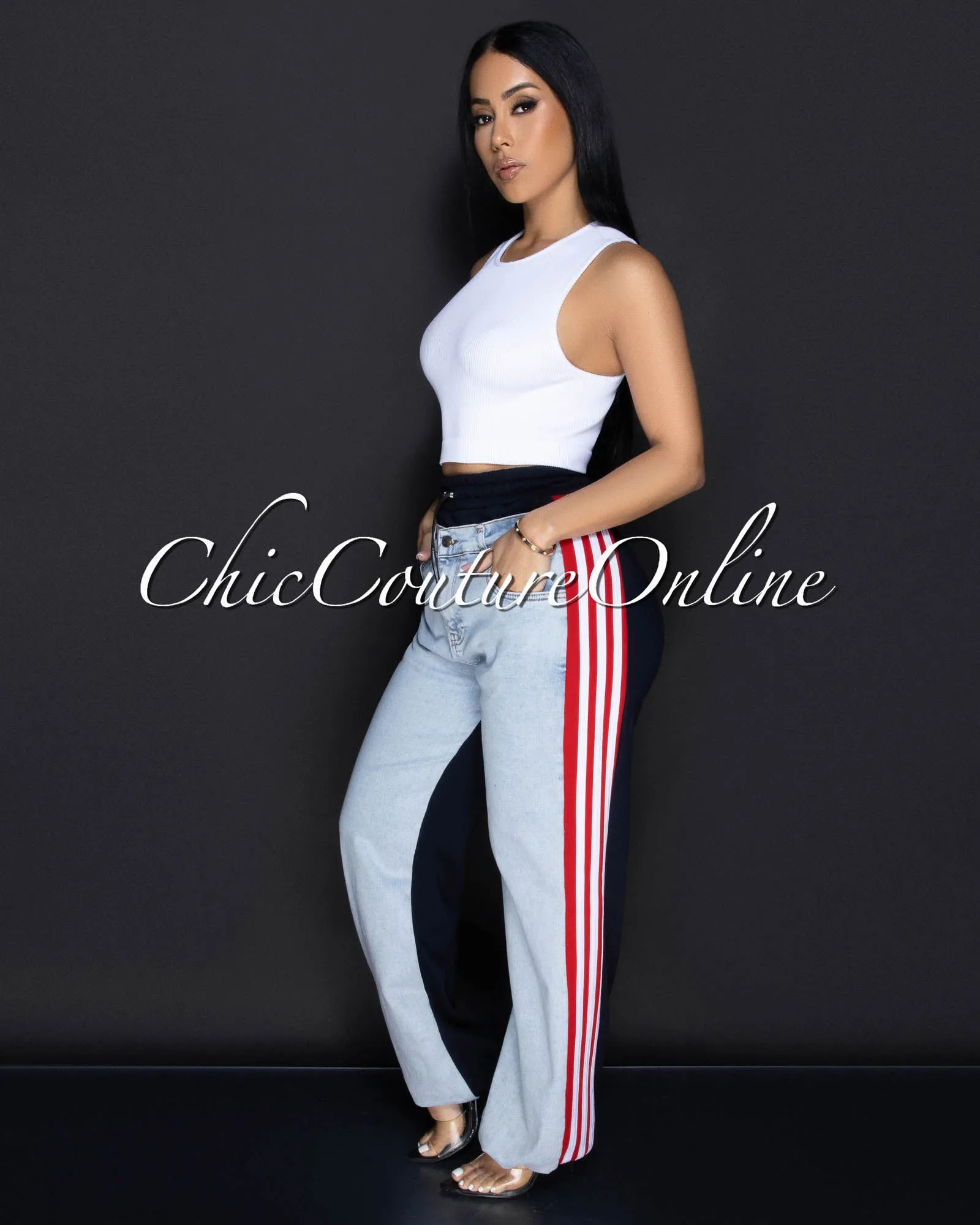 Pearson Medium Denim Red Stripes Joggers Jeans sold by Chic Couture