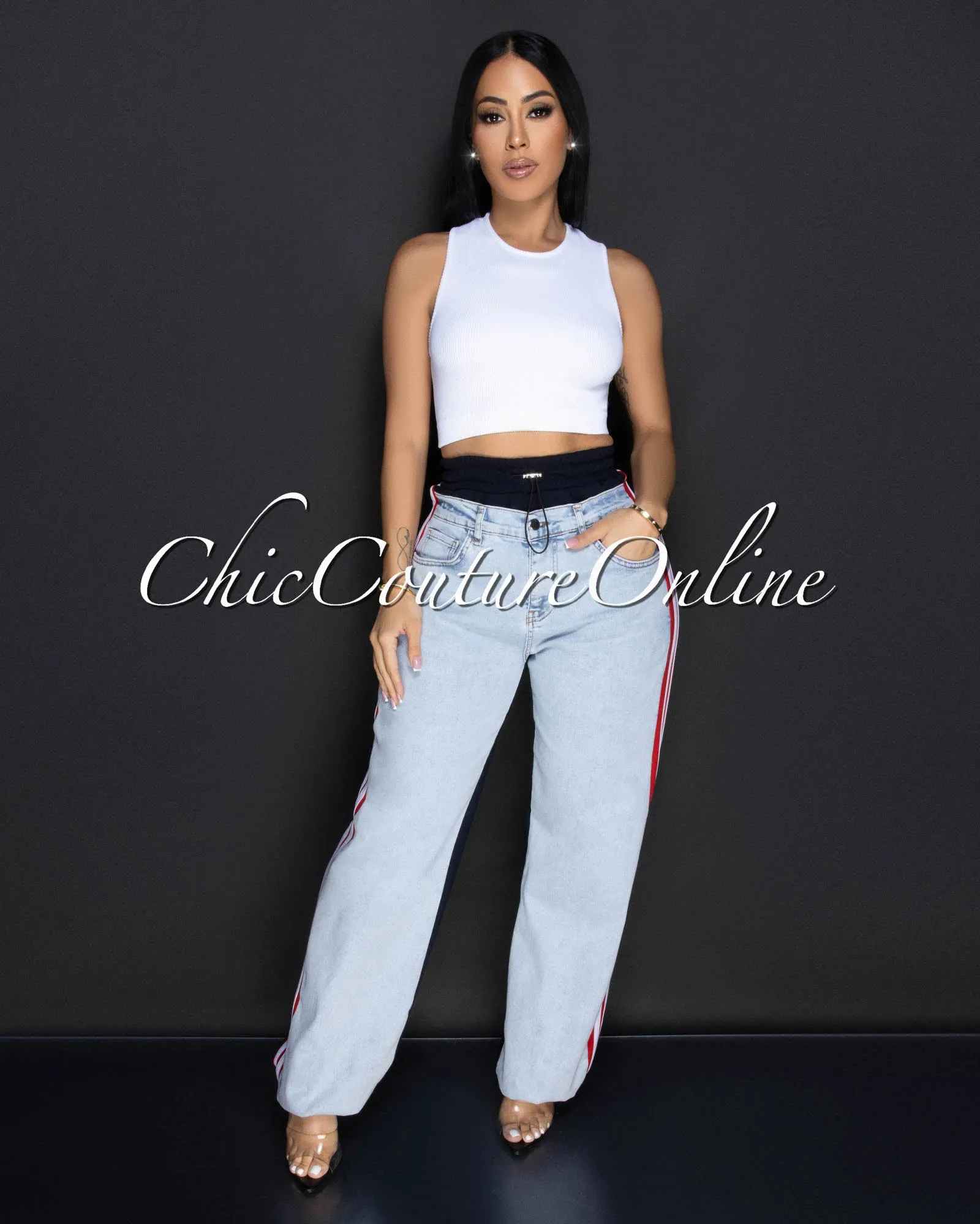 Pearson Medium Denim Red Stripes Joggers Jeans sold by Chic Couture product image thumbnail 3