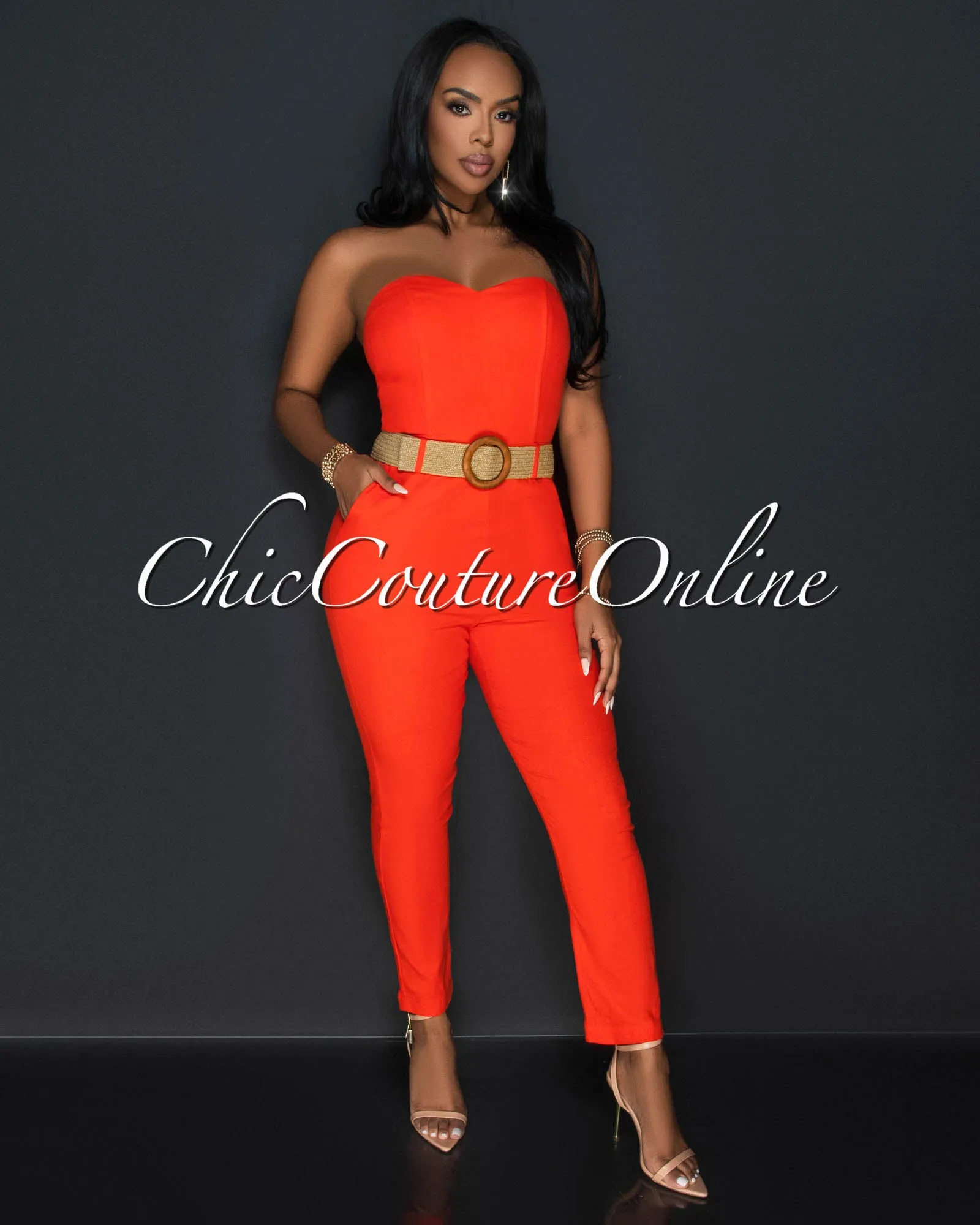 Kristi Orange Strapless Woven Belt Slim Legs Jumpsuit sold by Chic Couture product image thumbnail 3