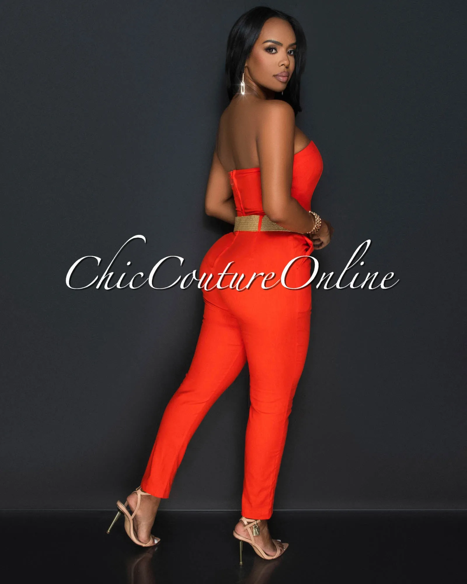 Kristi Orange Strapless Woven Belt Slim Legs Jumpsuit sold by Chic Couture product image thumbnail 4