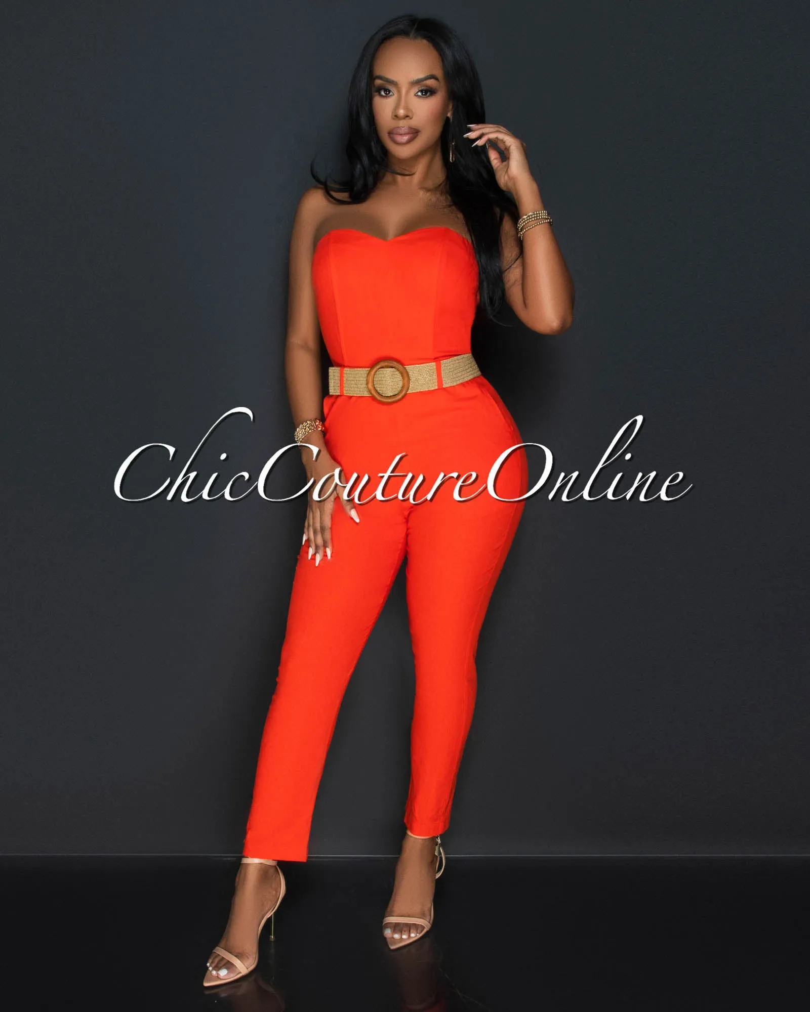 Kristi Orange Strapless Woven Belt Slim Legs Jumpsuit sold by Chic Couture