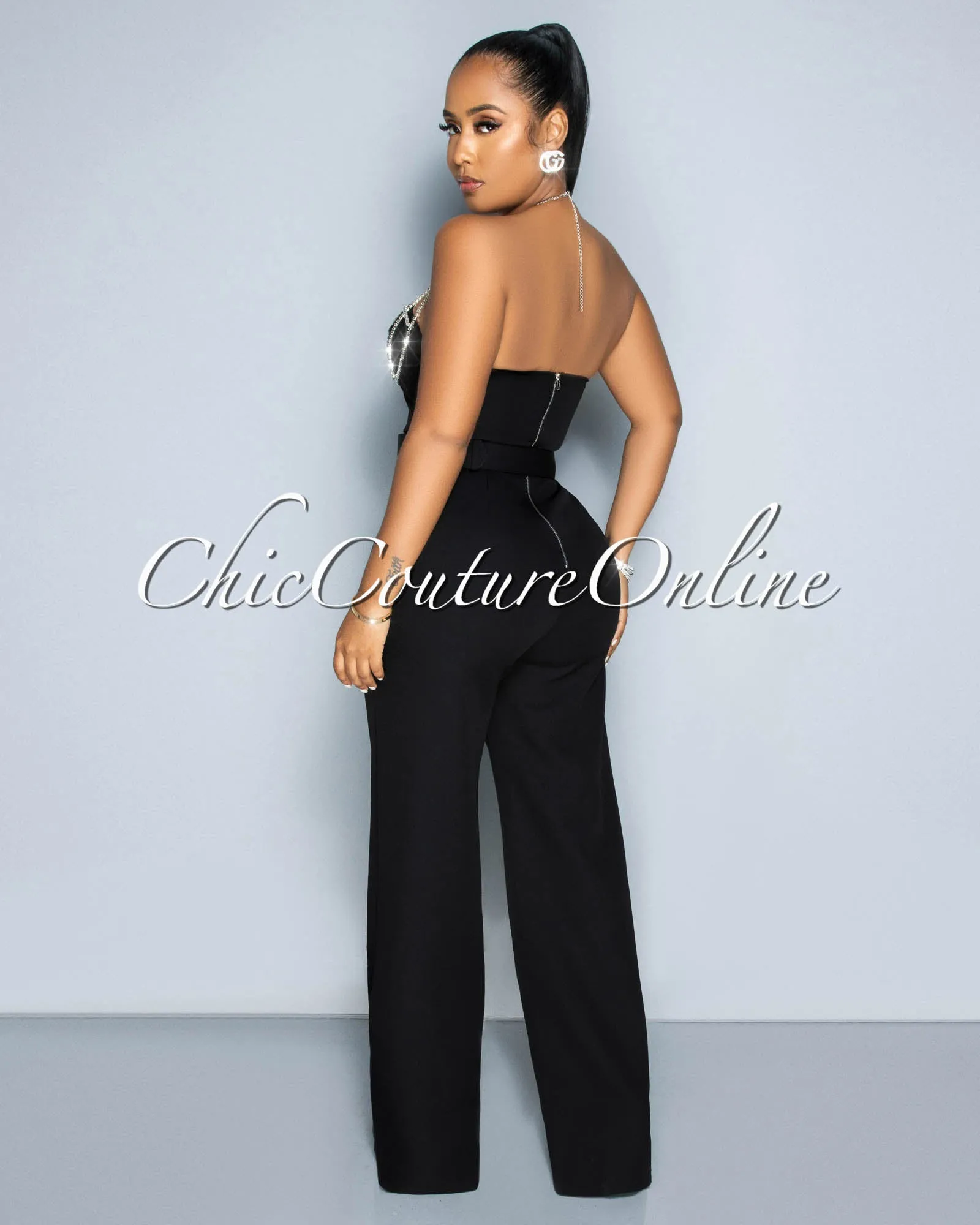 *Paula Black Rhinestones Neckline Silver Buckle Belt Jumpsuit sold by Chic Couture product image thumbnail 4