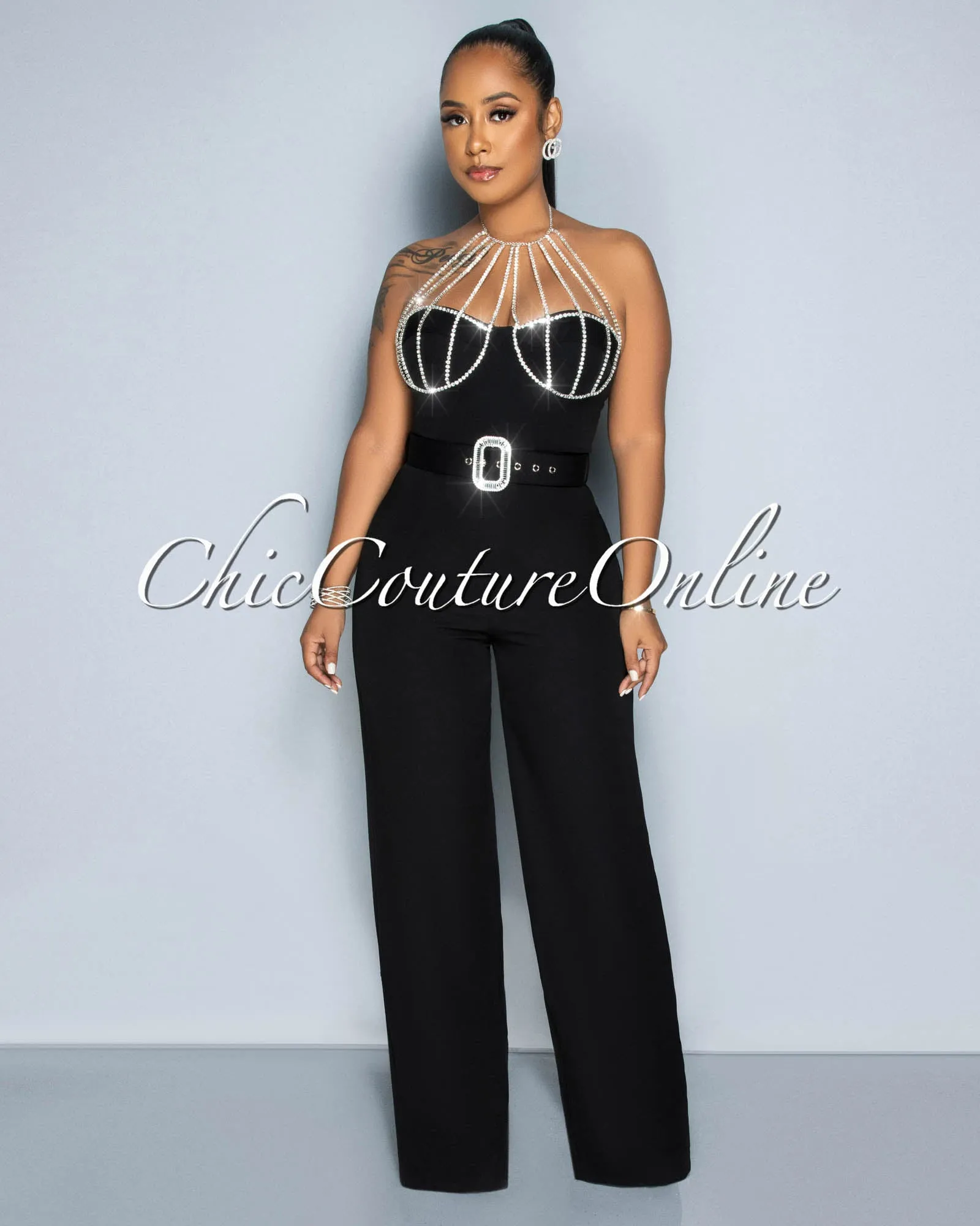 *Paula Black Rhinestones Neckline Silver Buckle Belt Jumpsuit sold by Chic Couture product image thumbnail 3