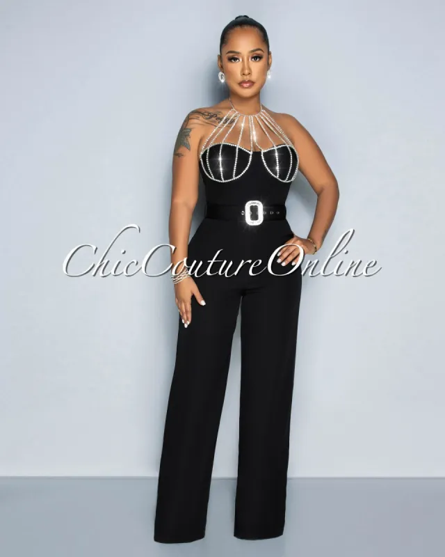 *Paula Black Rhinestones Neckline Silver Buckle Belt Jumpsuit sold by Chic Couture