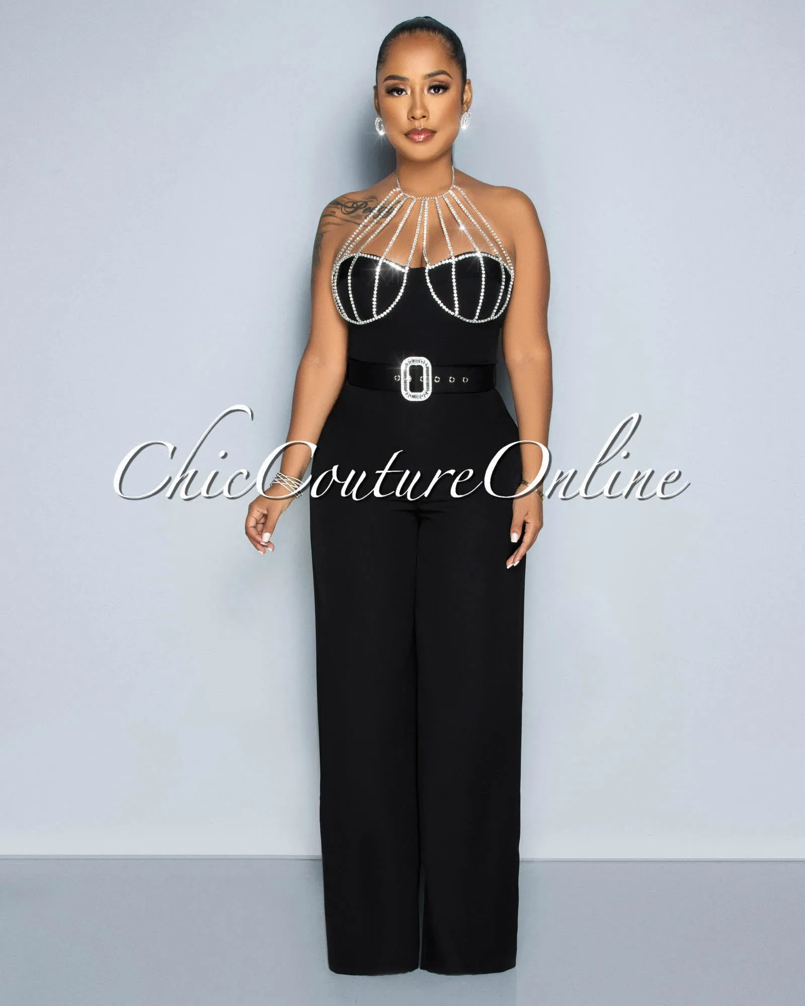 *Paula Black Rhinestones Neckline Silver Buckle Belt Jumpsuit sold by Chic Couture product image thumbnail 2