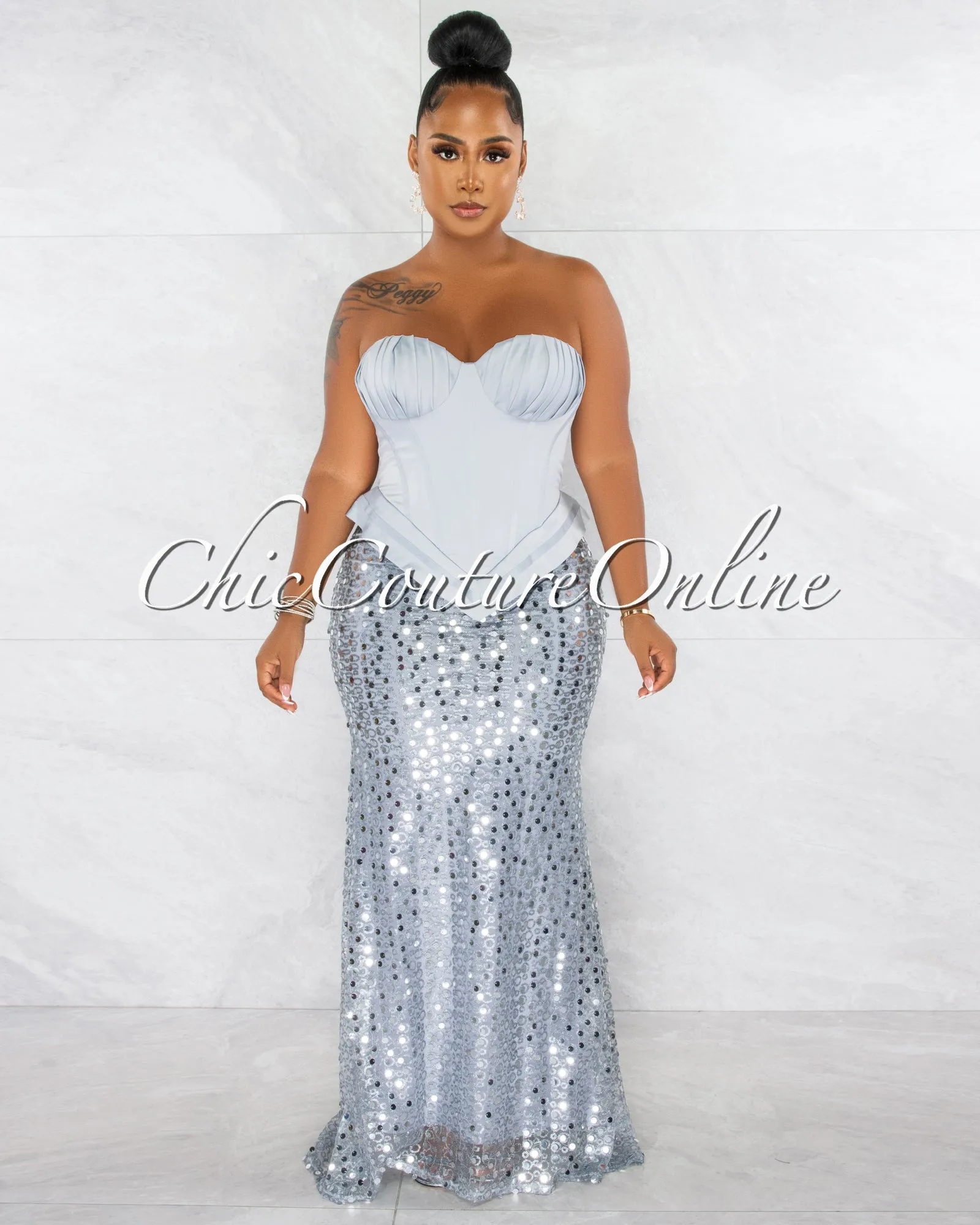 *Olesia Silver Sequins Bottom Strapless Maxi Dress sold by Chic Couture product image thumbnail 2