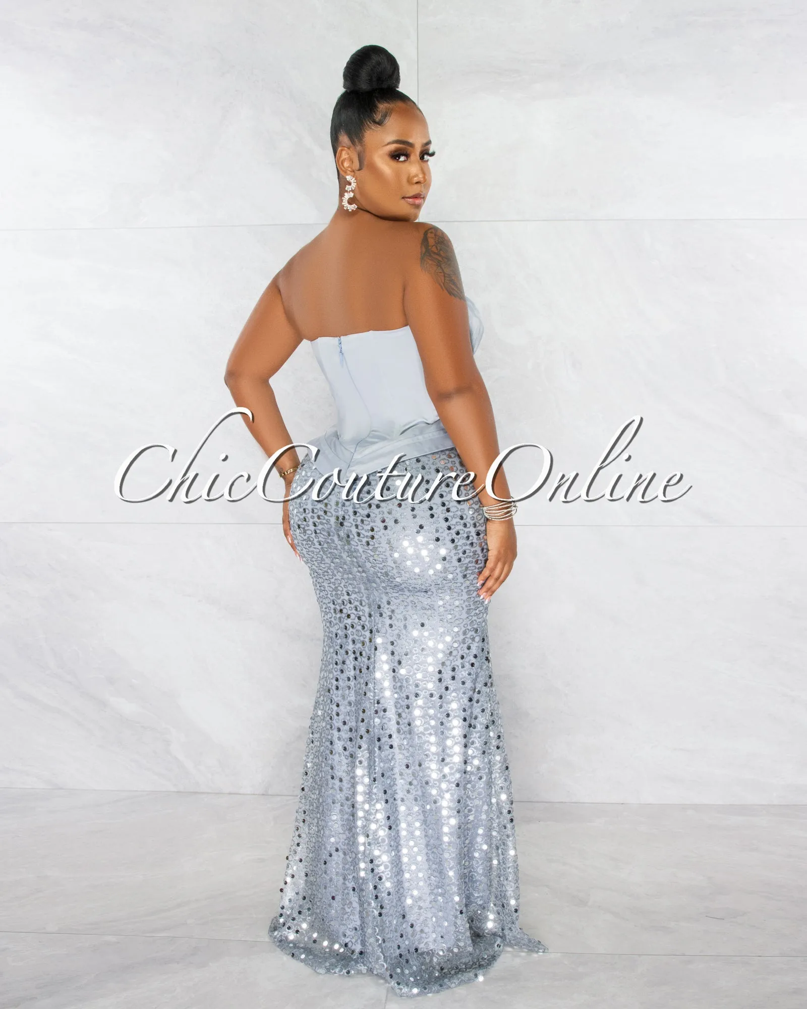*Olesia Silver Sequins Bottom Strapless Maxi Dress sold by Chic Couture product image thumbnail 3