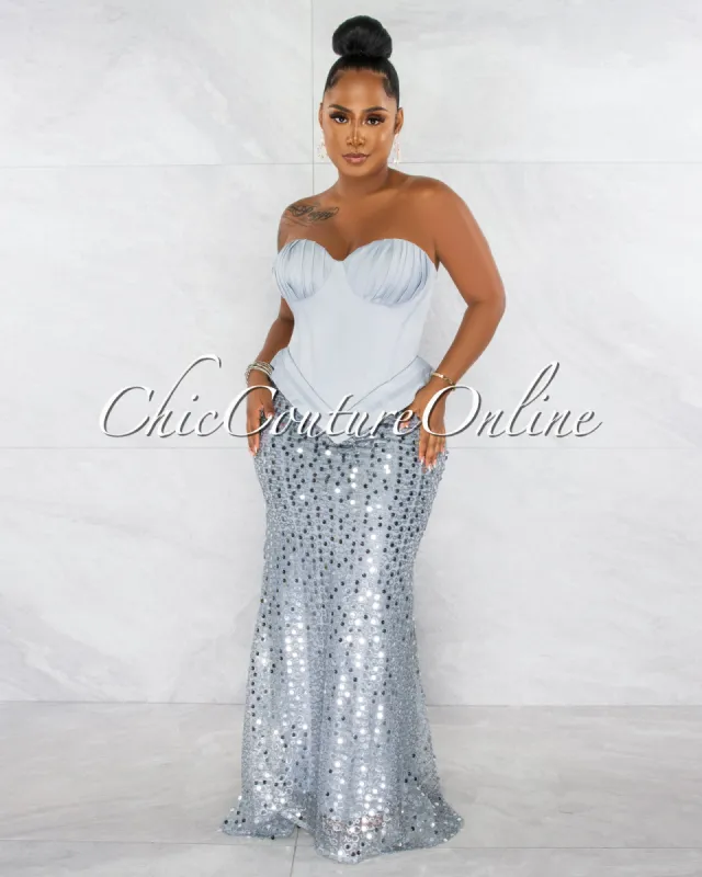*Olesia Silver Sequins Bottom Strapless Maxi Dress sold by Chic Couture