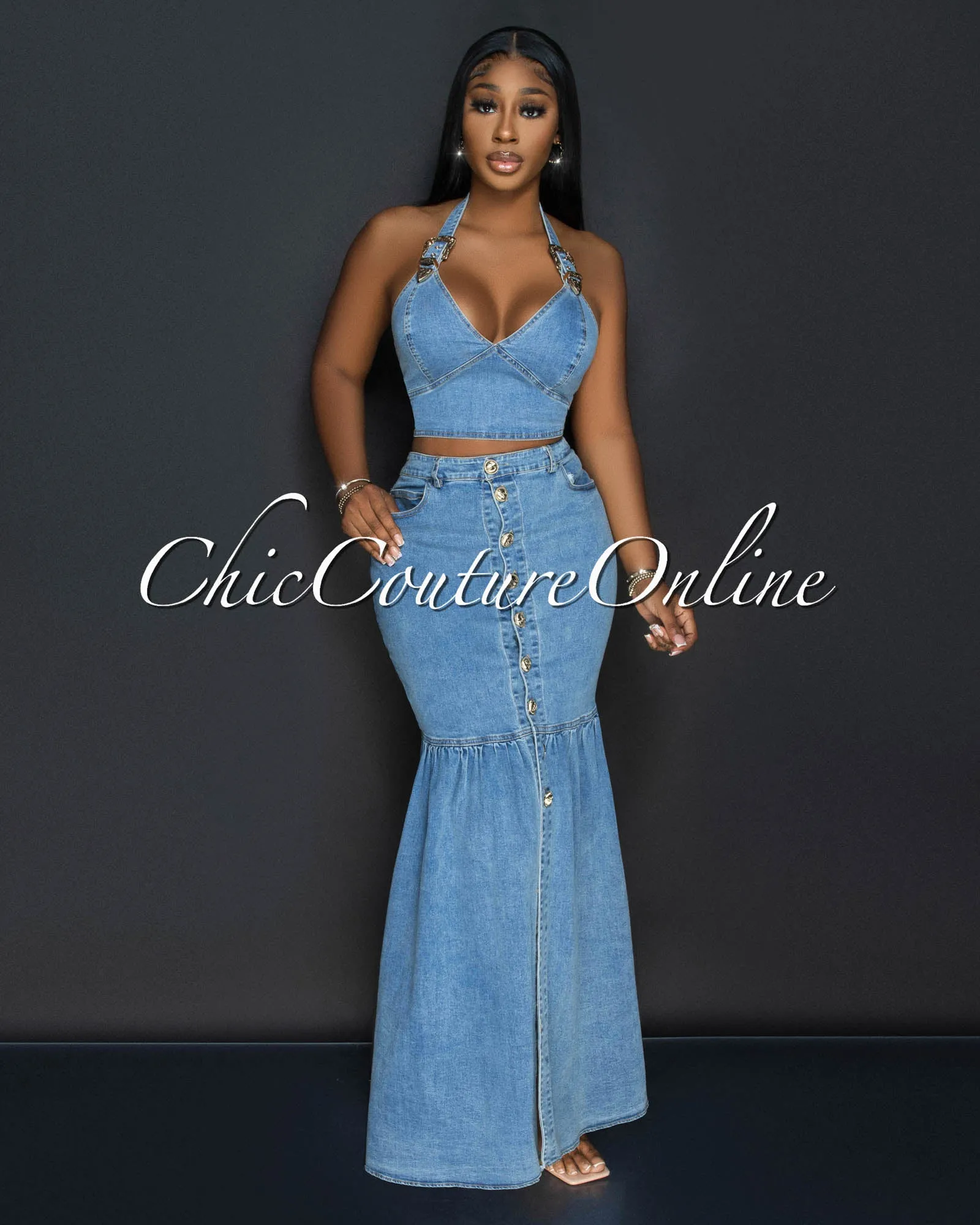 Saraza Medium Denim Crop Top & Maxi Skirt Set sold by Chic Couture