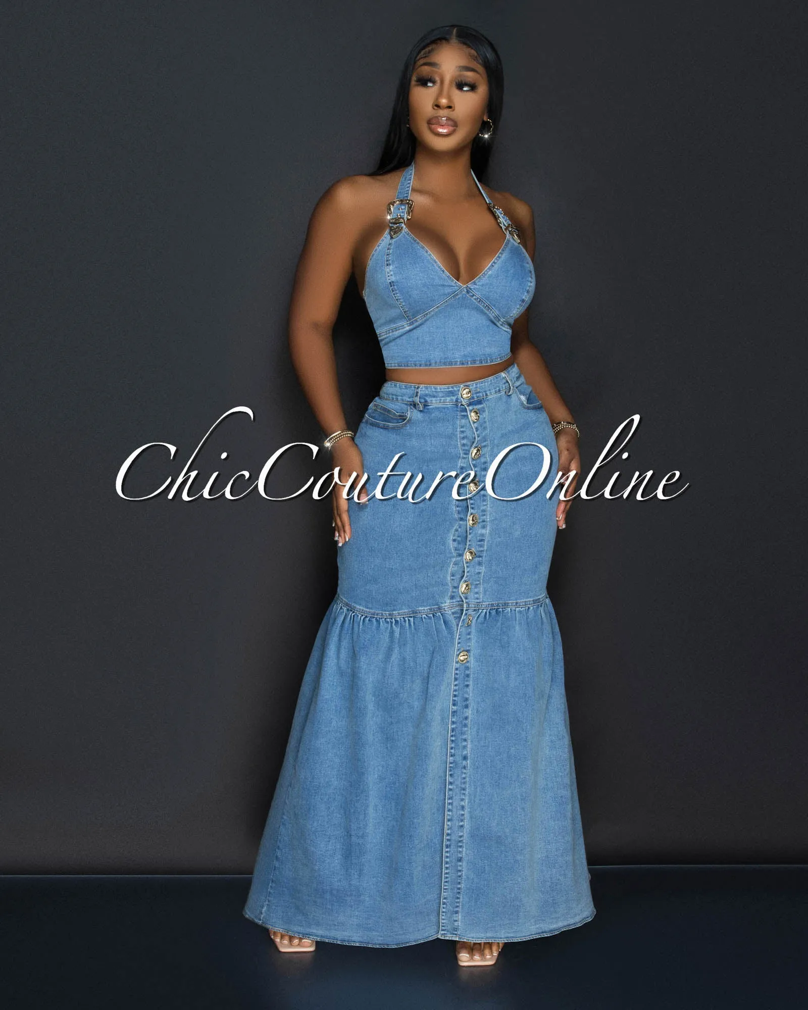 Saraza Medium Denim Crop Top & Maxi Skirt Set sold by Chic Couture product image thumbnail 2