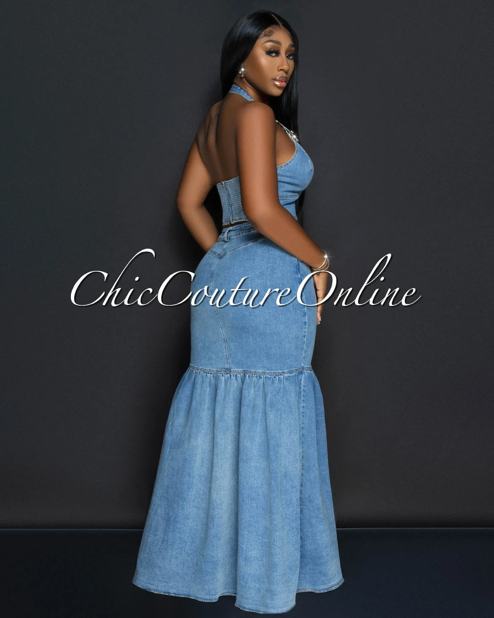 Saraza Medium Denim Crop Top & Maxi Skirt Set sold by Chic Couture product image thumbnail 3