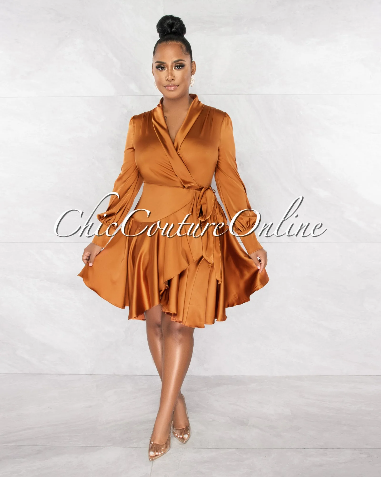 *Eloyda Camel Wrap High Low Ruffle Dress sold by Chic Couture product image thumbnail 2