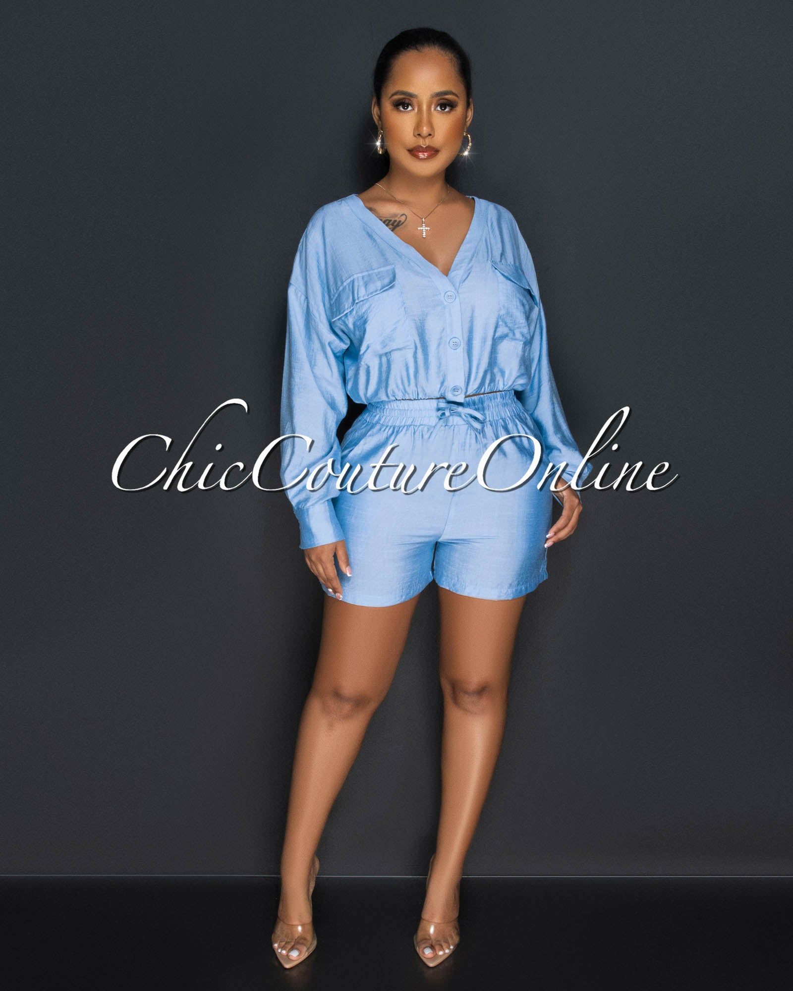 *Amerson Baby Blue Crop Top & Shorts Set sold by Chic Couture