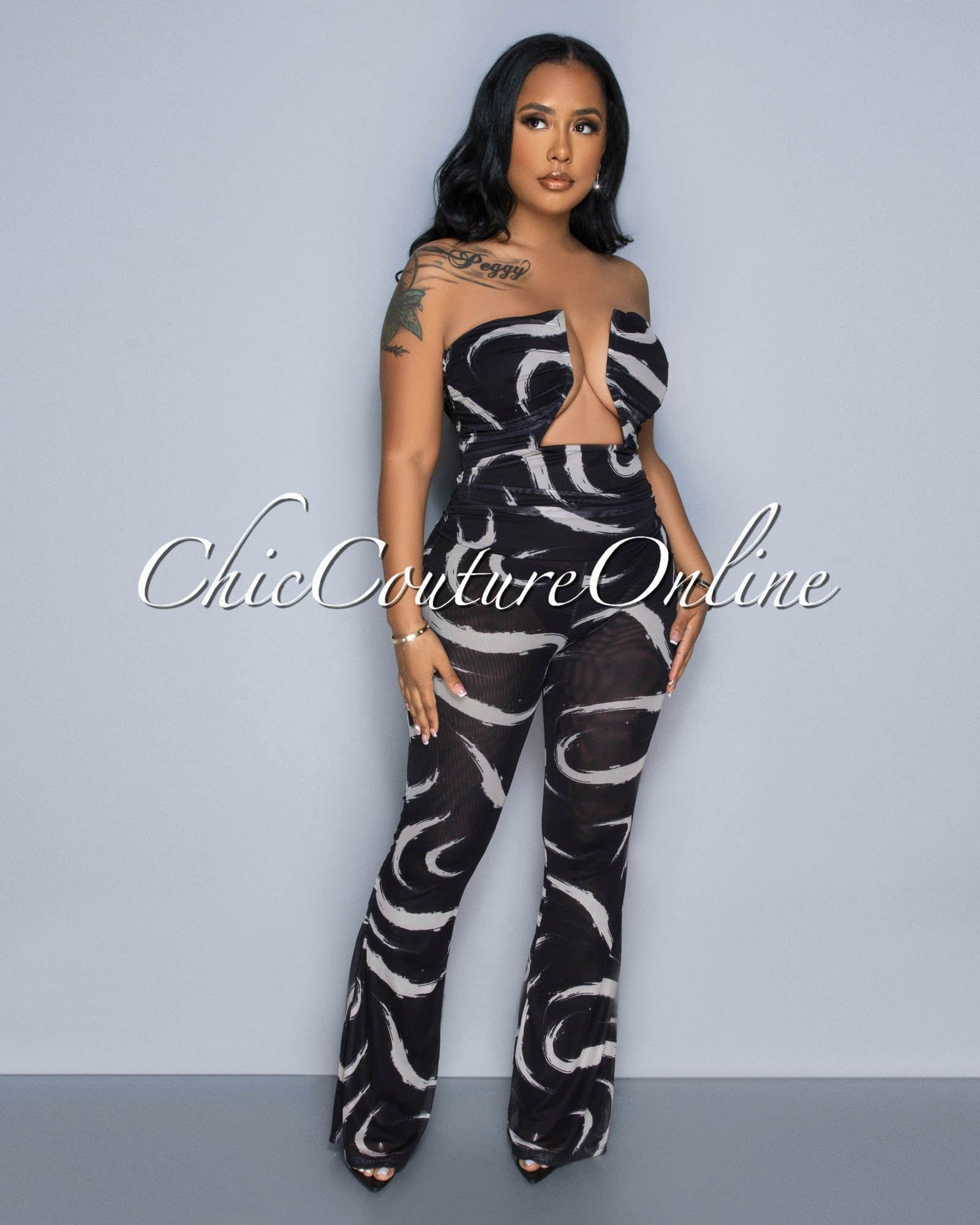 Concetta Black White Print Mesh Strapless Jumpsuit sold by Chic Couture product image thumbnail 2