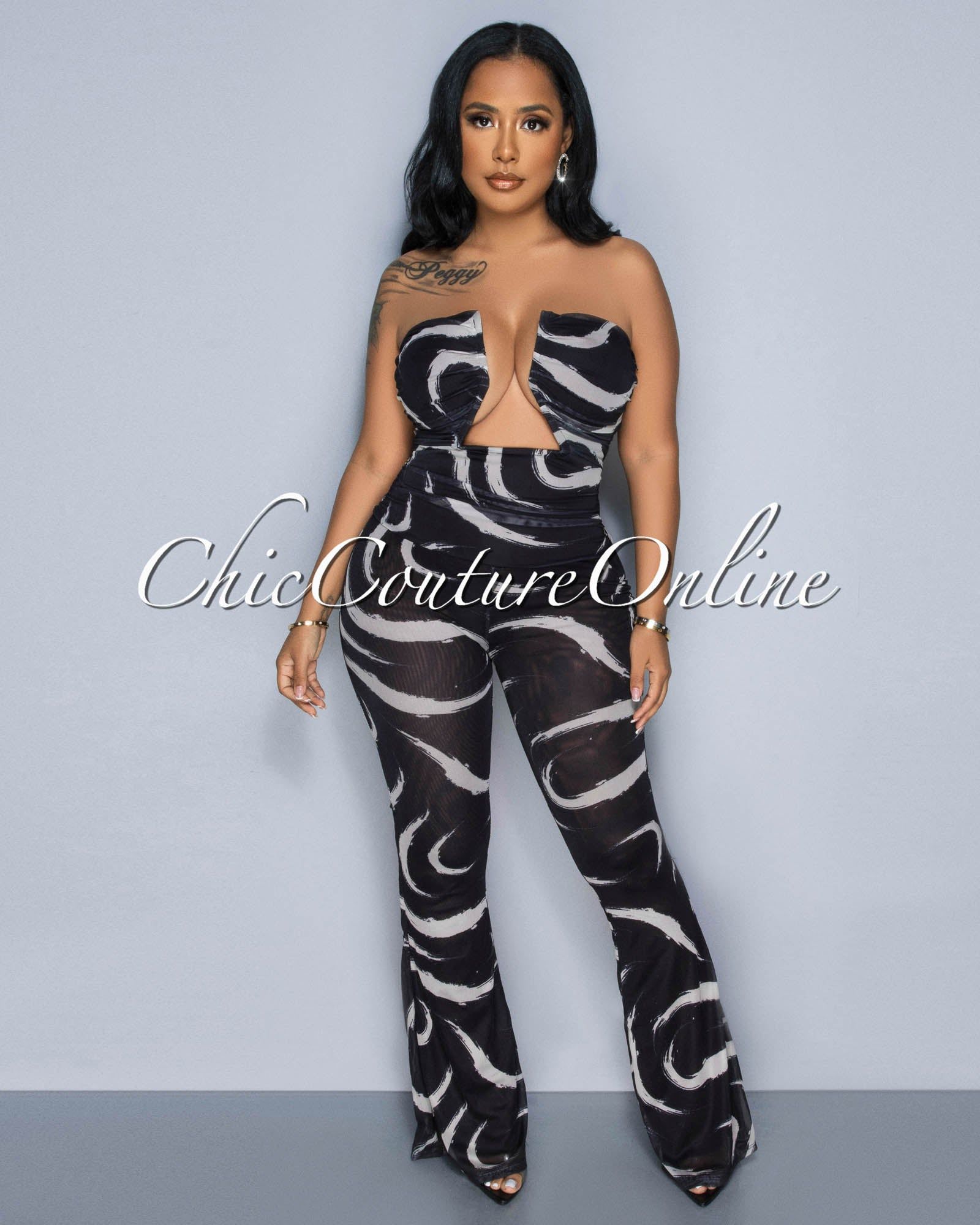 Concetta Black White Print Mesh Strapless Jumpsuit sold by Chic Couture