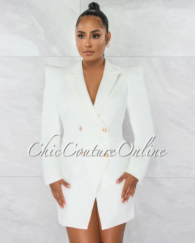 *Monica Off-White Bubble Sleeves Gold Buttons Trench Dress sold by Chic Couture