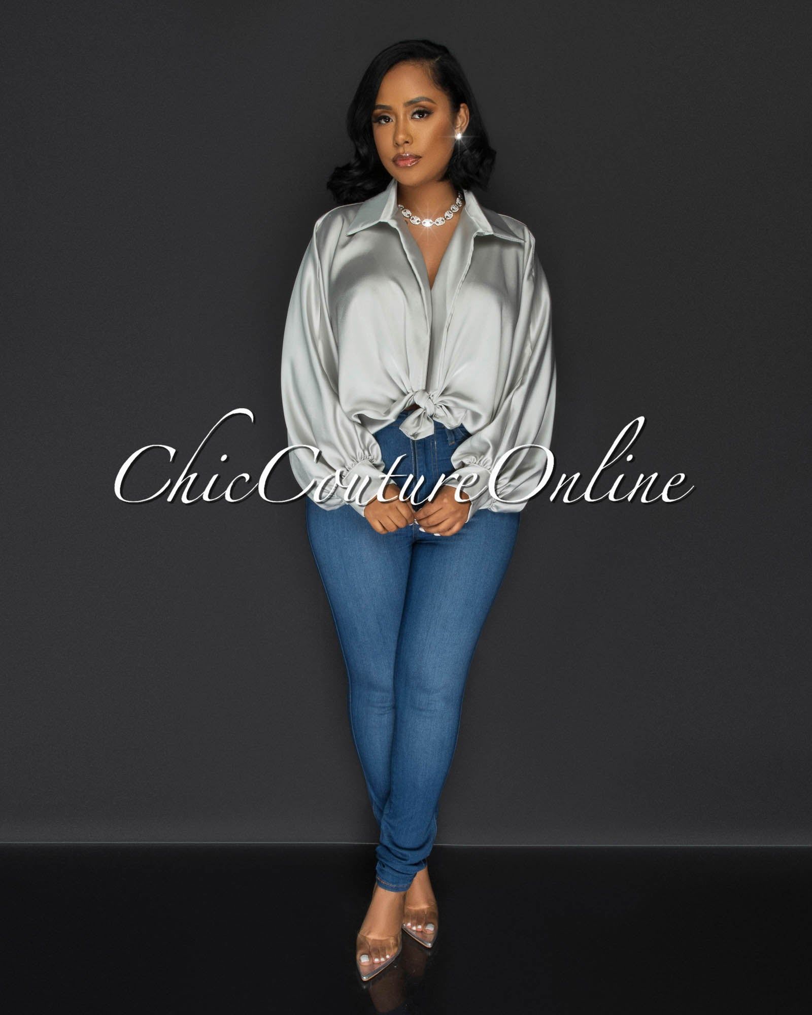 Pilar SIlver Wide Sleeves Silky Blouse sold by Chic Couture product image thumbnail 2