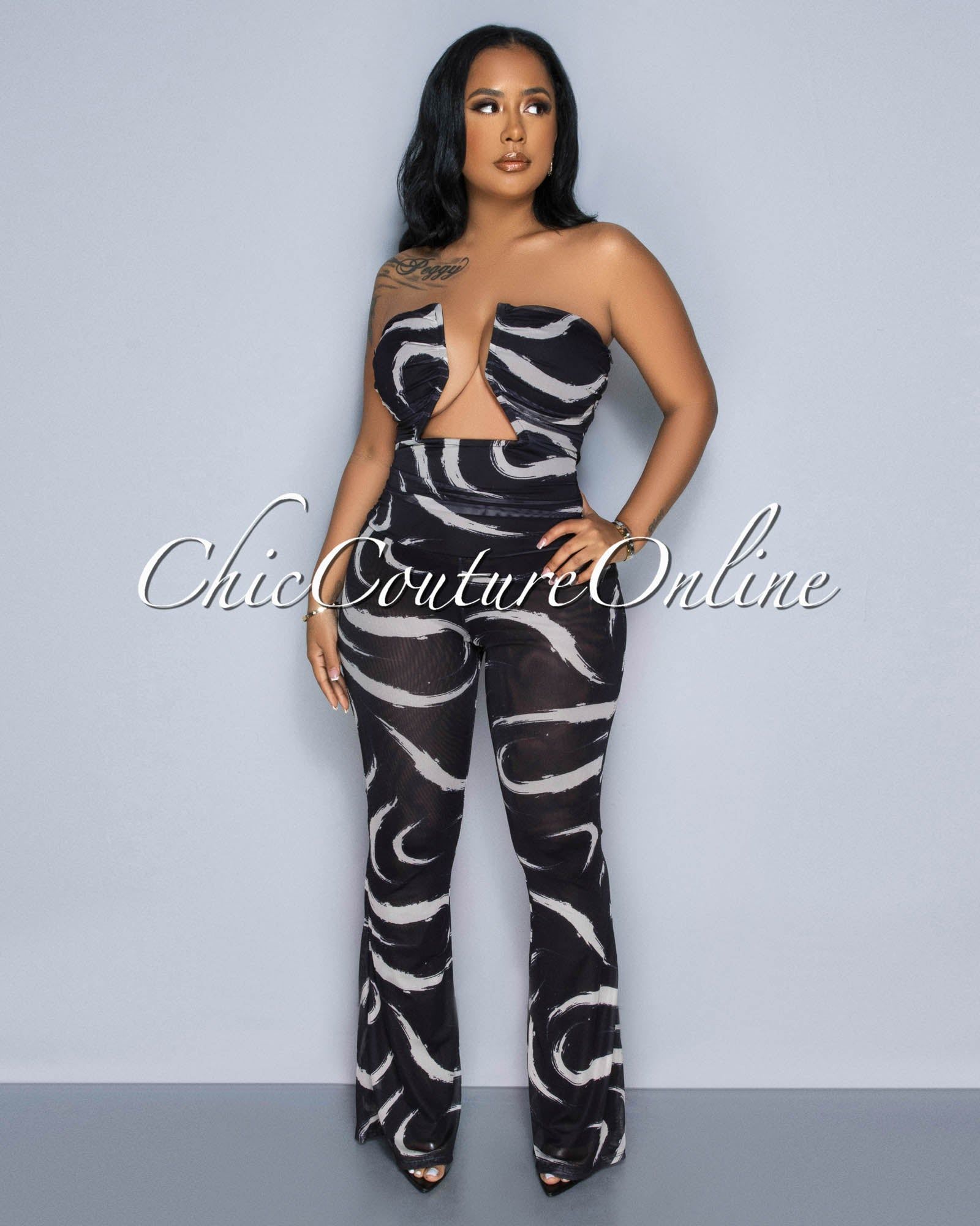 Concetta Black White Print Mesh Strapless Jumpsuit sold by Chic Couture product image thumbnail 3