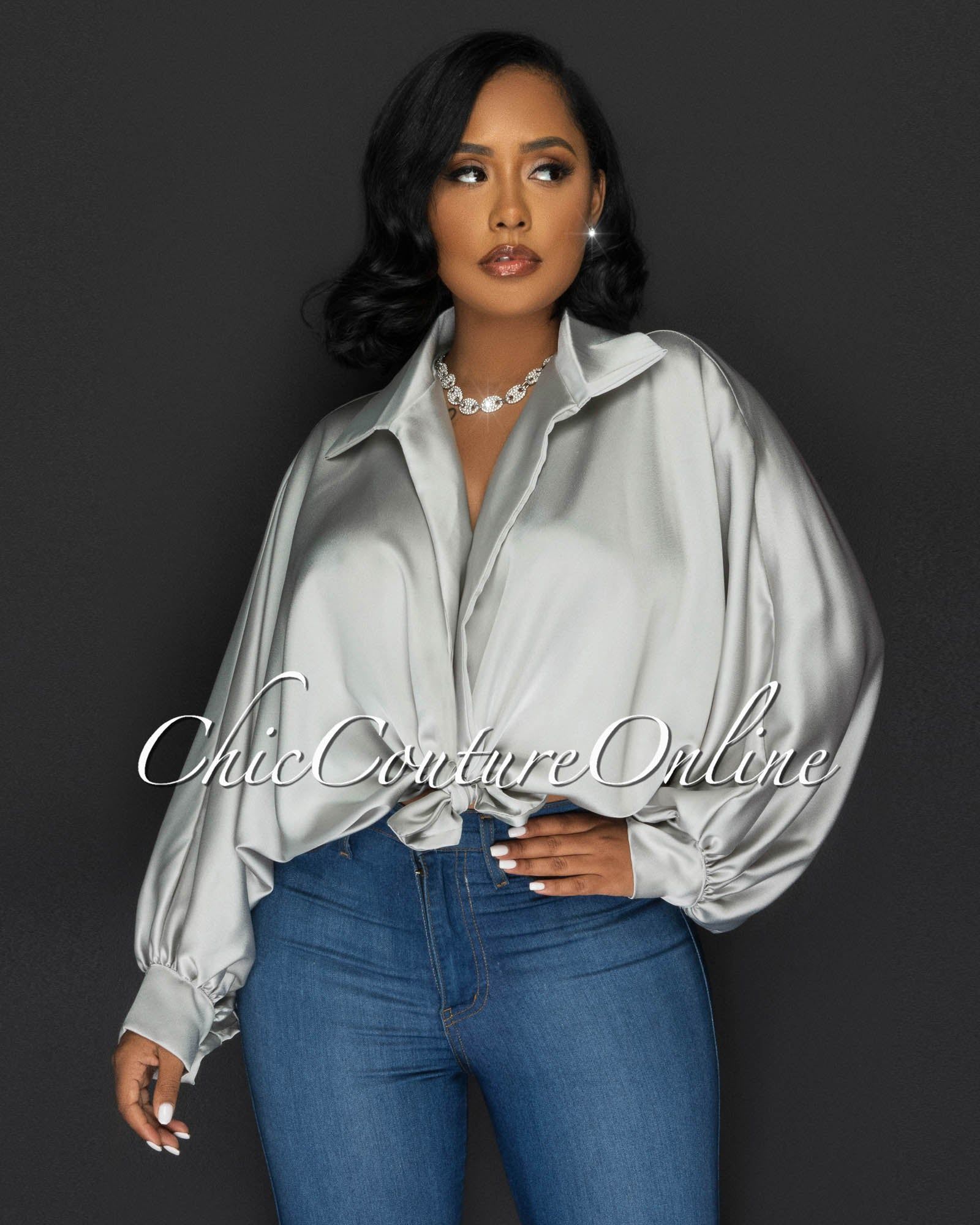 Pilar SIlver Wide Sleeves Silky Blouse sold by Chic Couture product image thumbnail 4
