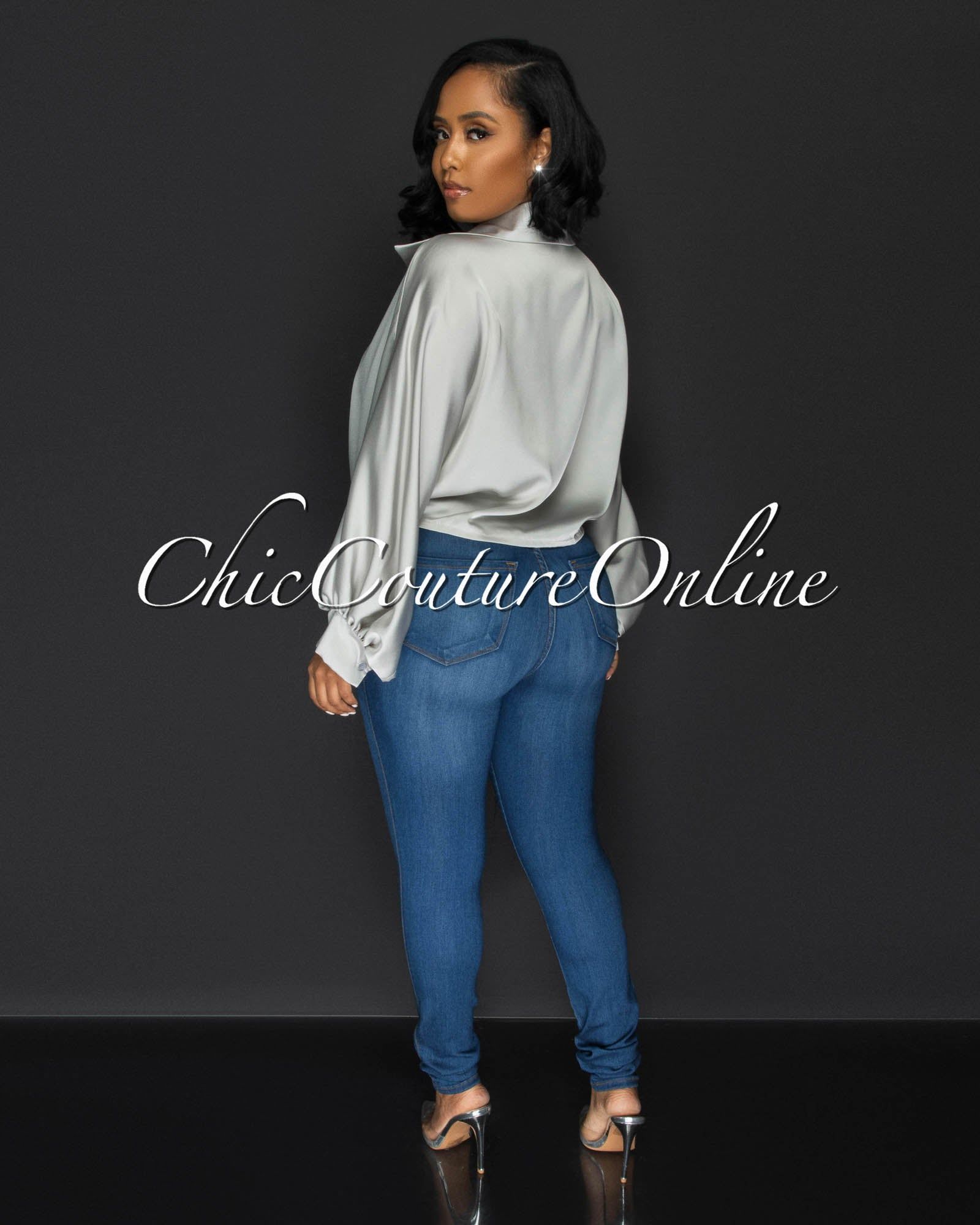 Pilar SIlver Wide Sleeves Silky Blouse sold by Chic Couture product image thumbnail 3